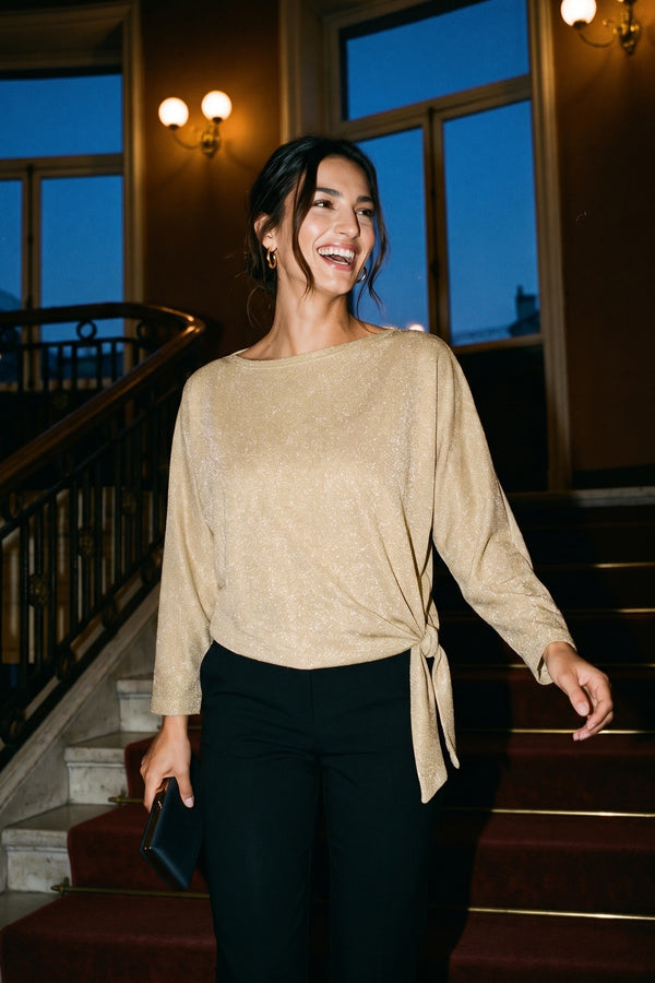 Ella Side Tie Long Sleeve Casual Top - Gold