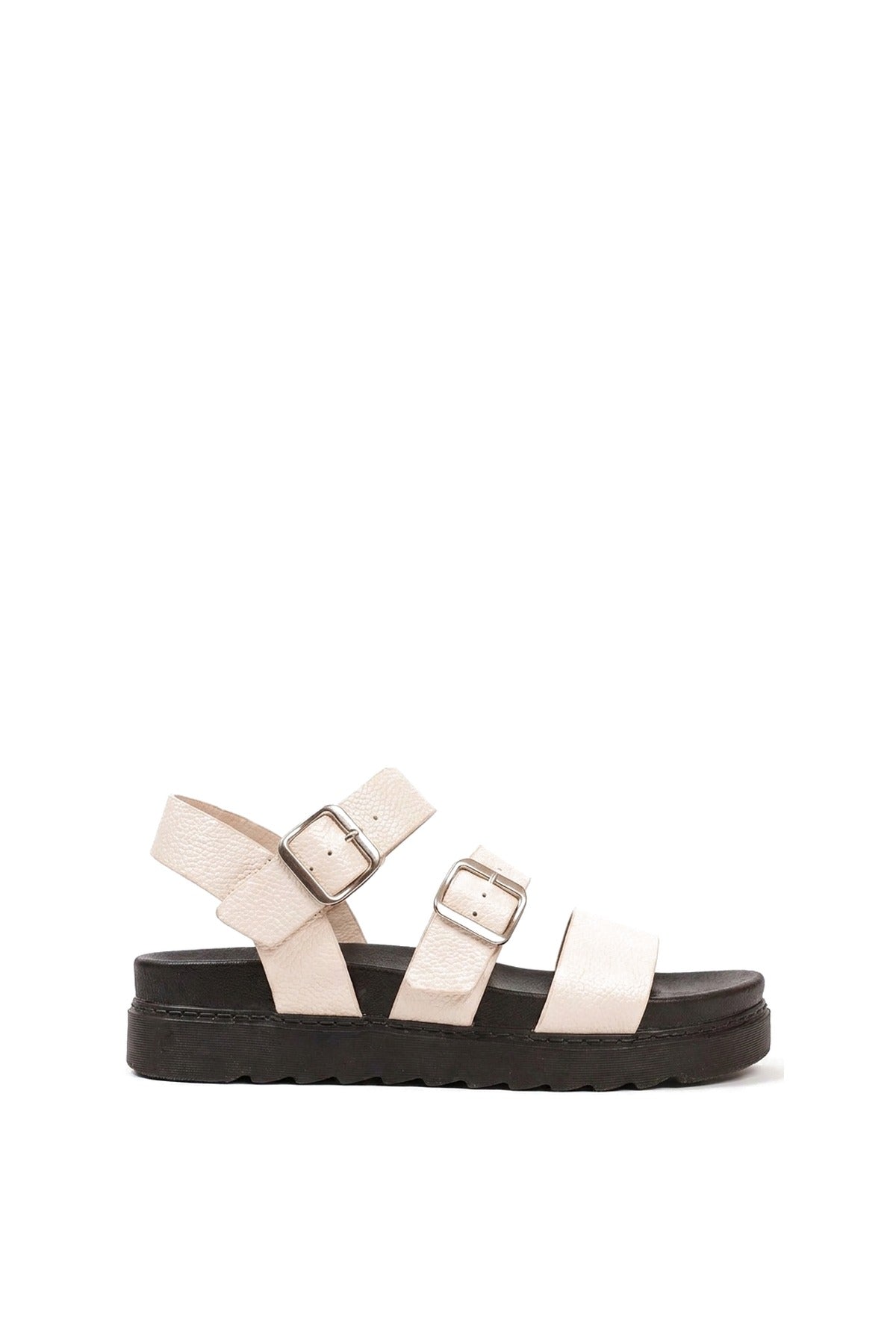 Elora Triple Buckle Flat Sandals - Beige