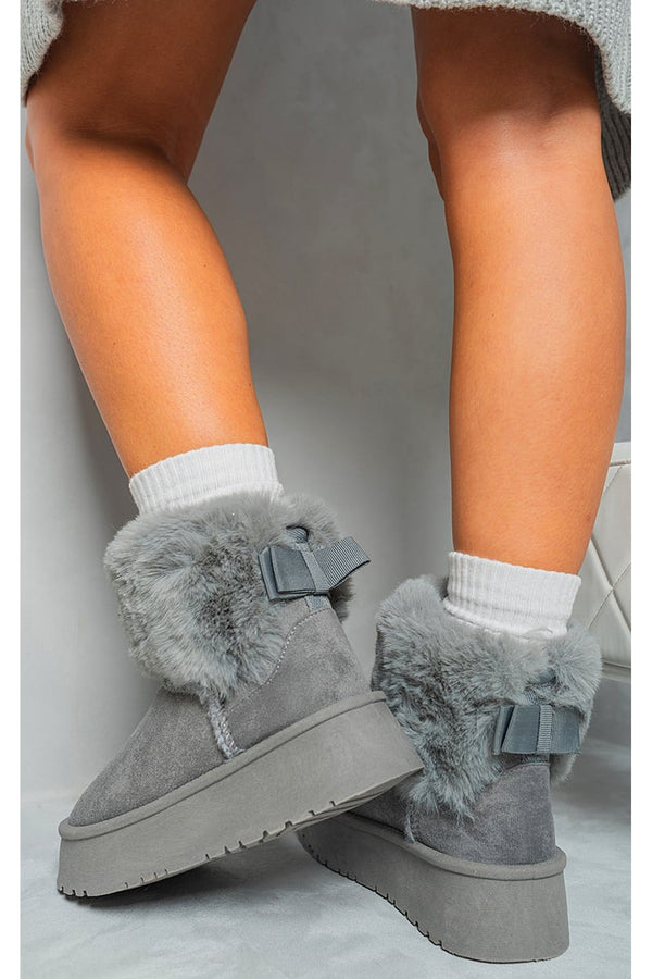 Elsa Fuzzy Cuff Slip On Snow Boots - Grey