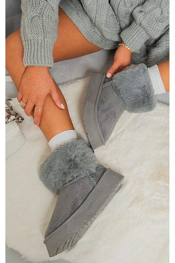 Elsa Fuzzy Cuff Slip On Snow Boots - Grey