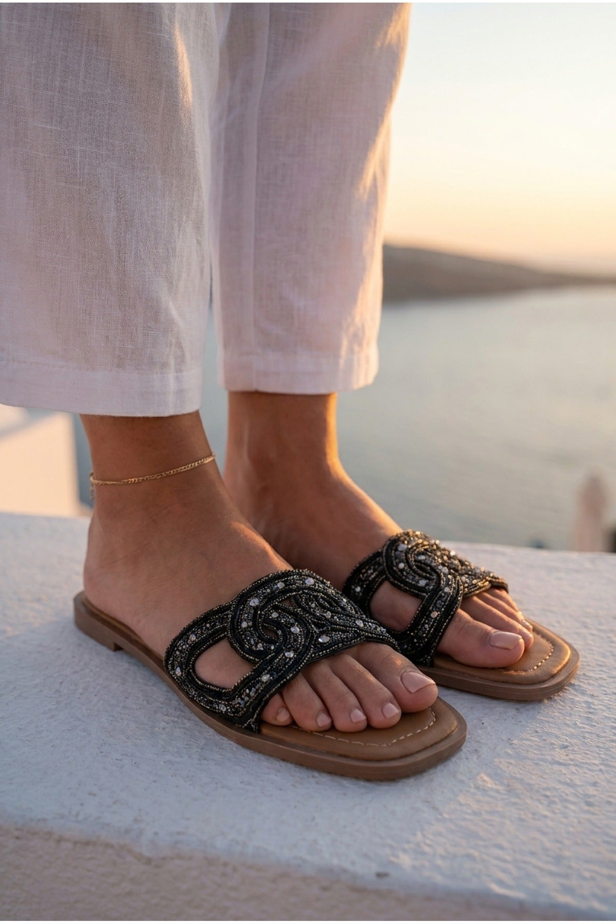 Maud Embellished Woven Knot Flat Sliders - Black