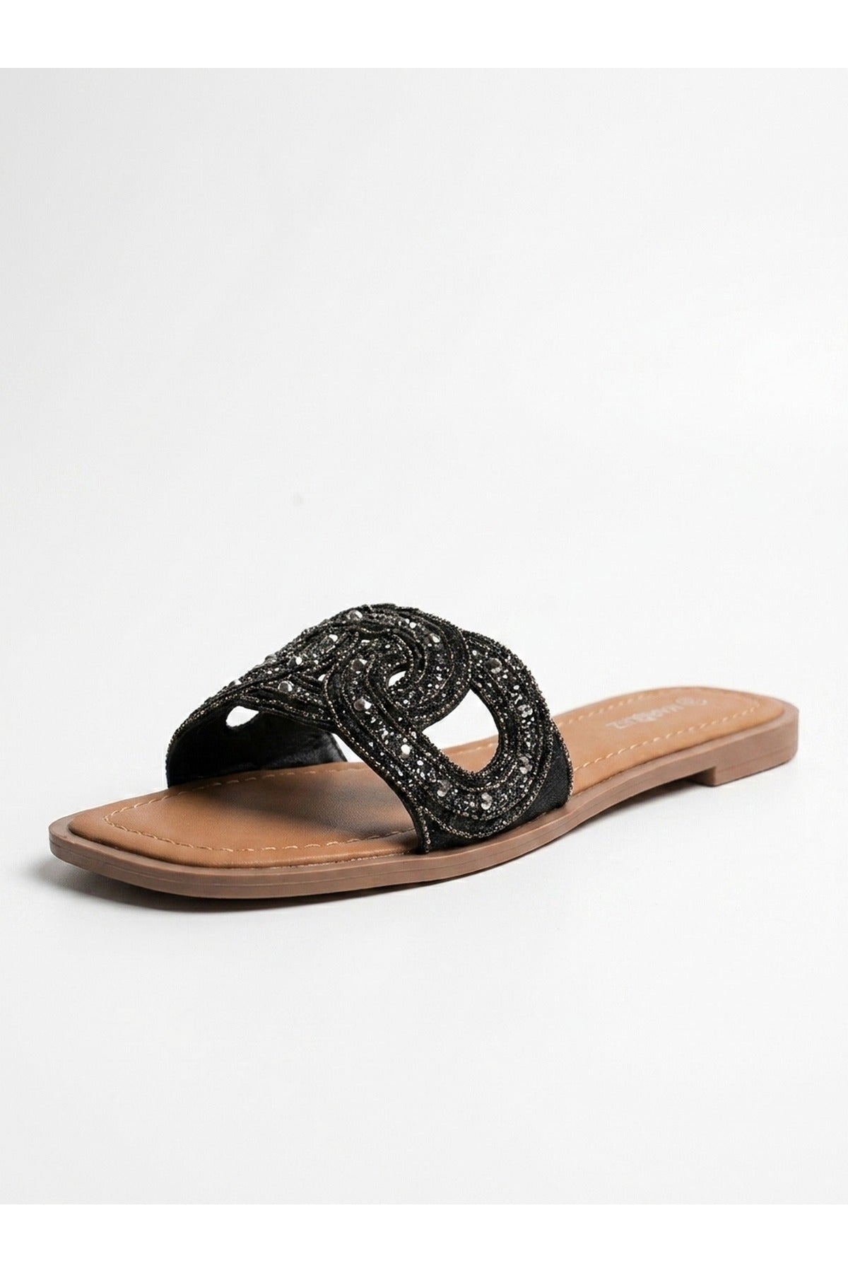 Maud Embellished Woven Knot Flat Sliders - Black