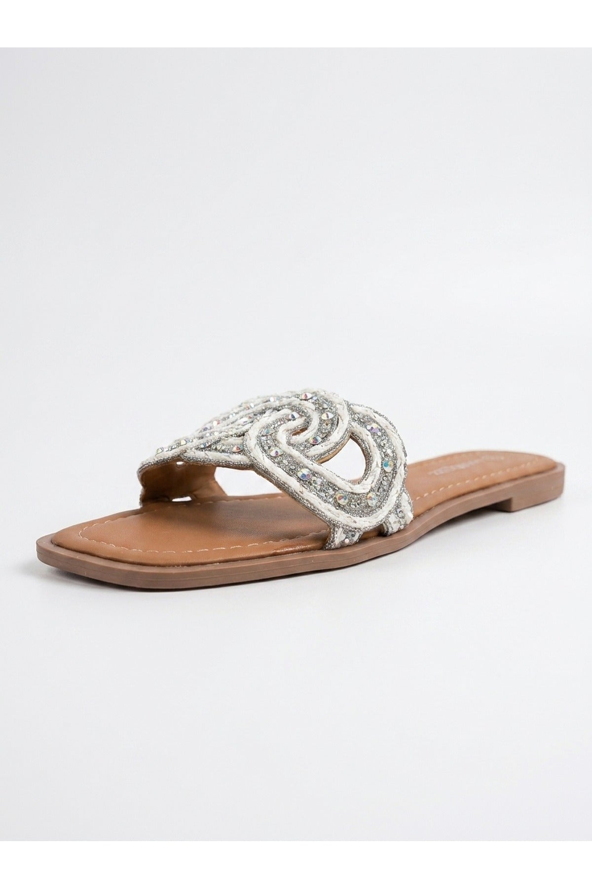 Maud Embellished Woven Knot Flat Sliders - White