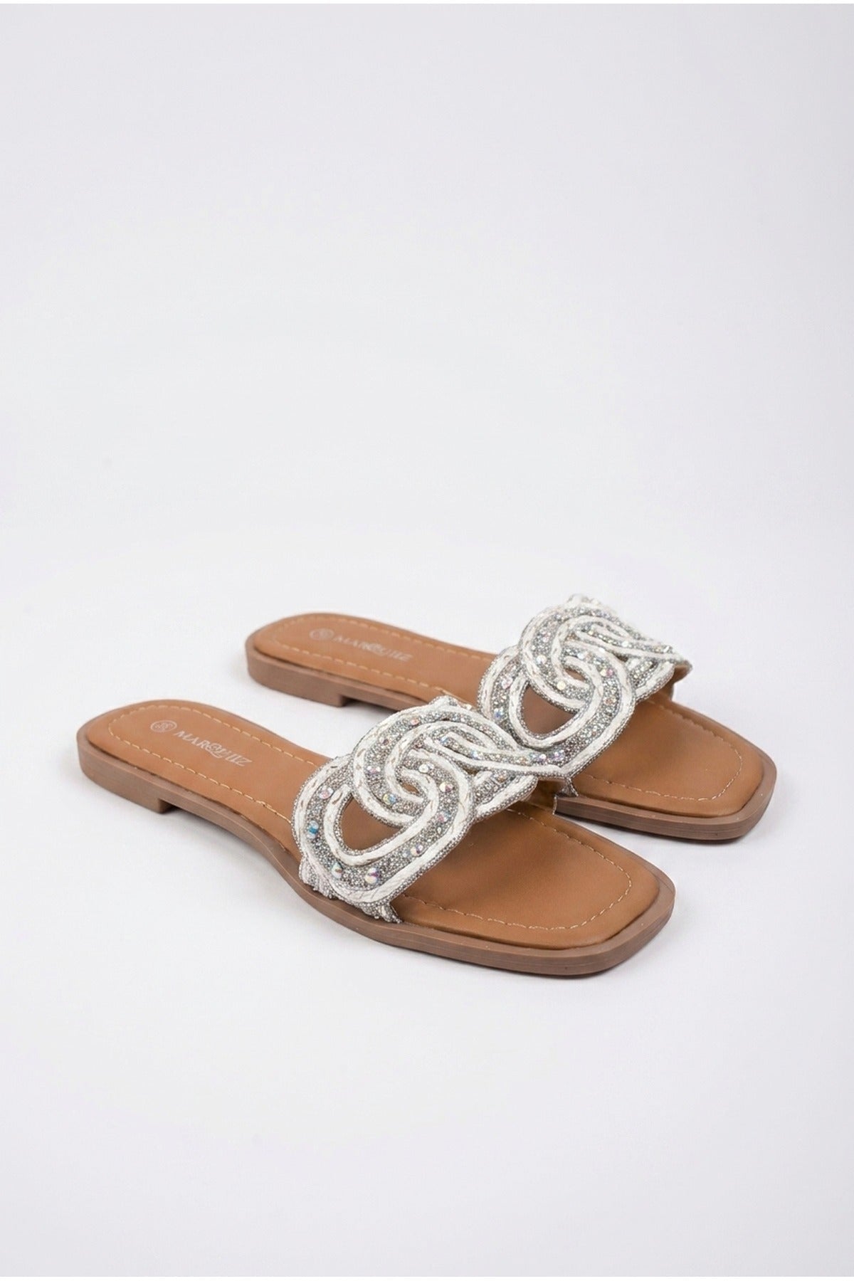 Maud Embellished Woven Knot Flat Sliders - White