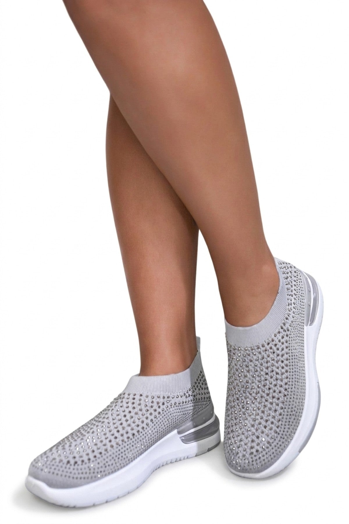 Ember Rhinestone Decor Slip On Sock Trainers - Grey_wb