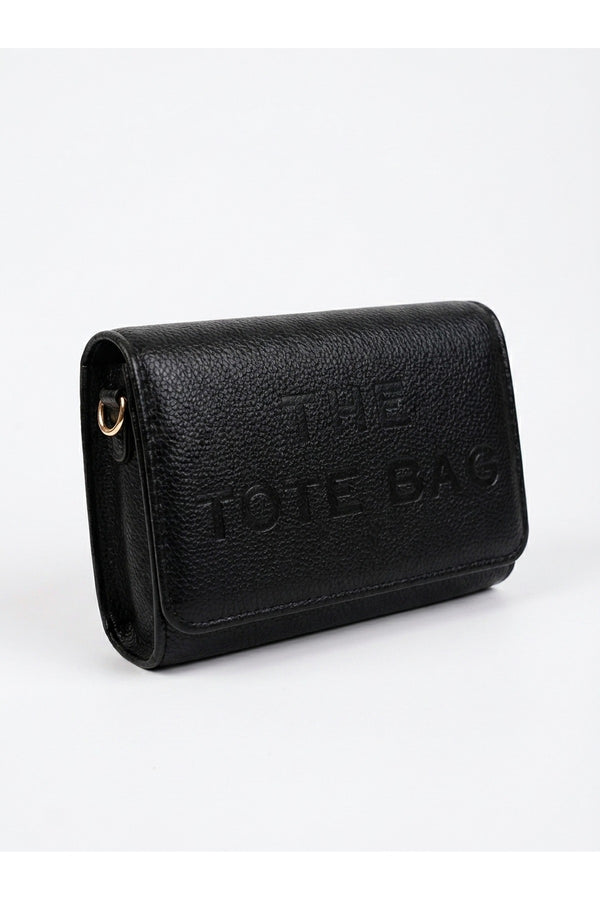 Constance Pebbled Faux Leather Text Bag - Black