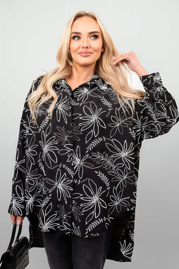 Erin Floral Print Oversized Long Sleeve Button Down Top - Black
