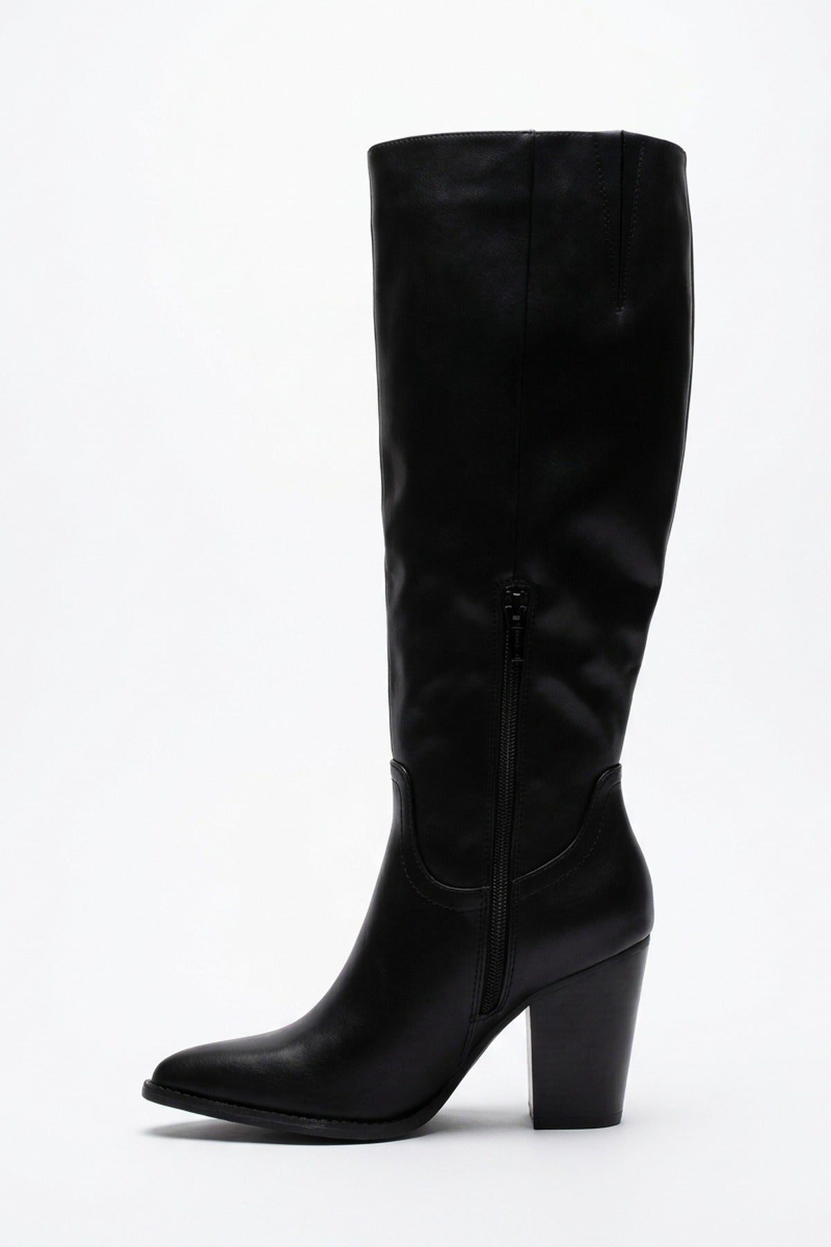 Mercedes Faux Leather Knee High Block Heel Boots - Black