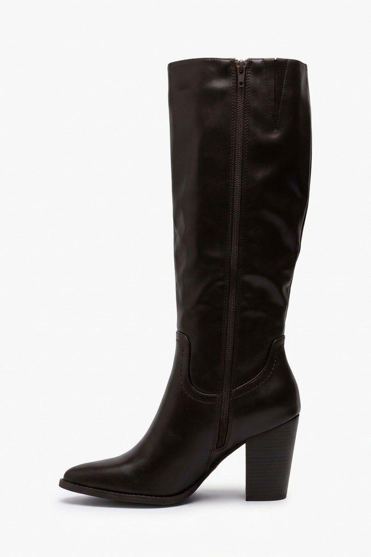 Mercedes Faux Leather Knee High Block Heel Boots - Brown