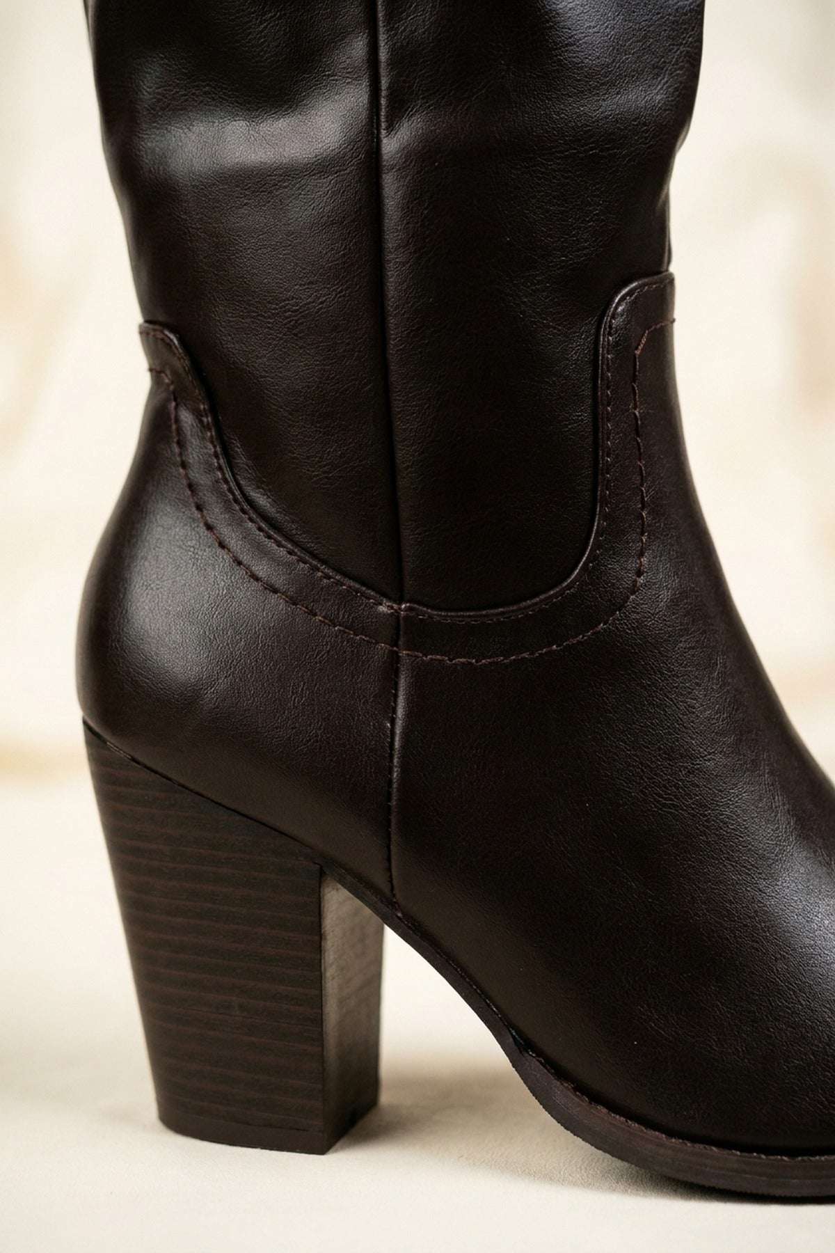 Mercedes Faux Leather Knee High Block Heel Boots - Brown