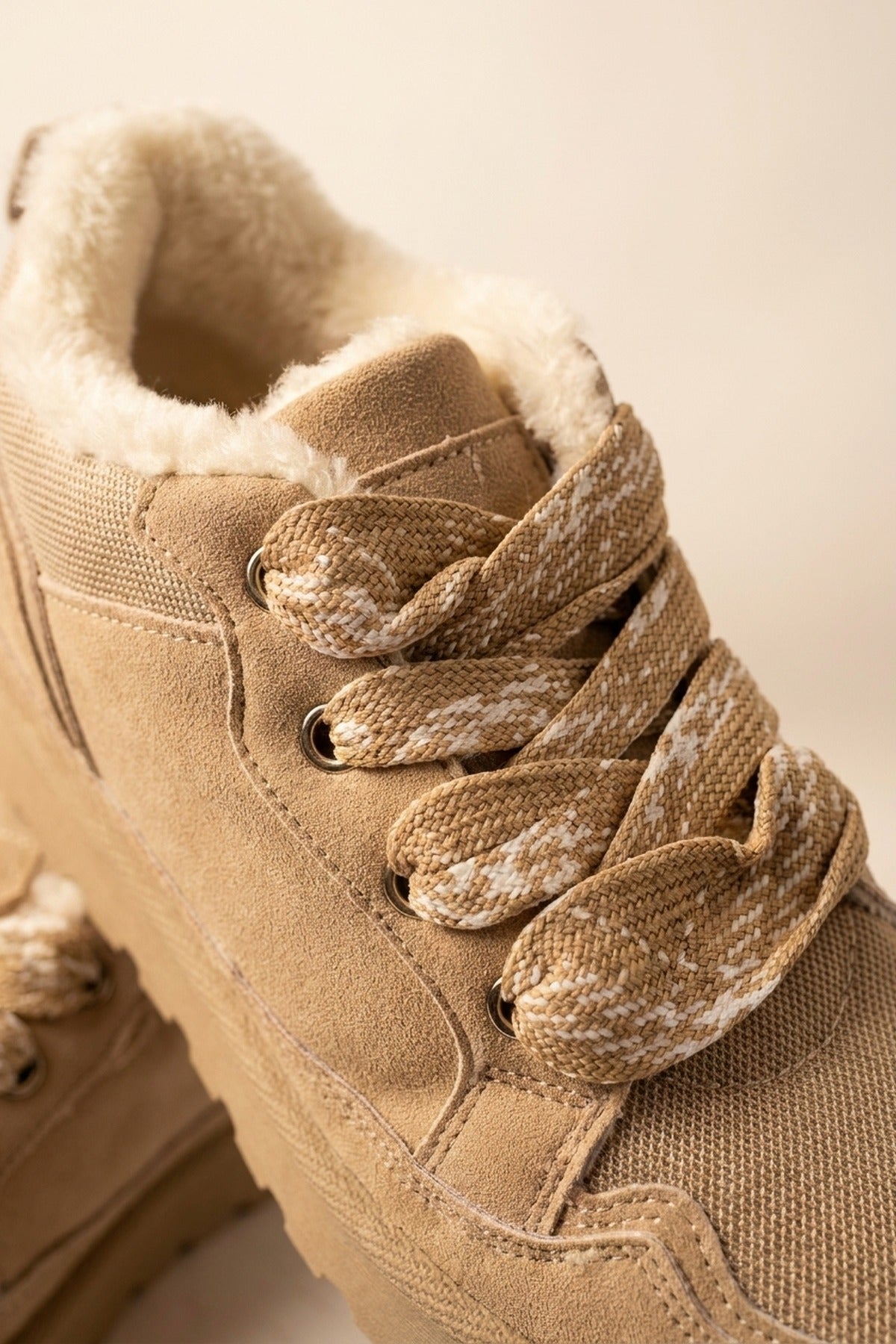 Leiza Chunky Lace Up Faux Fur Trainers - Beige