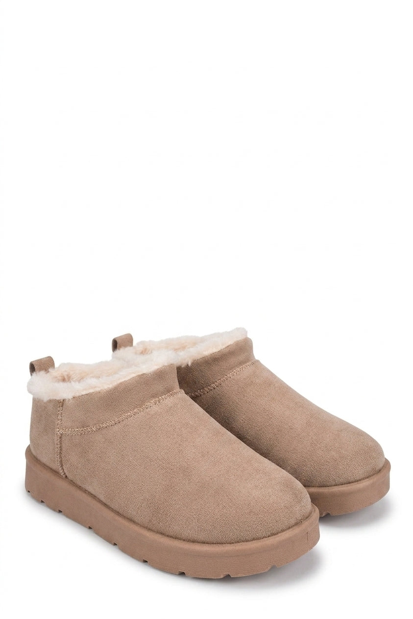 Elvaya Faux Suede Fluffy Lined Ankle Boots - Camel