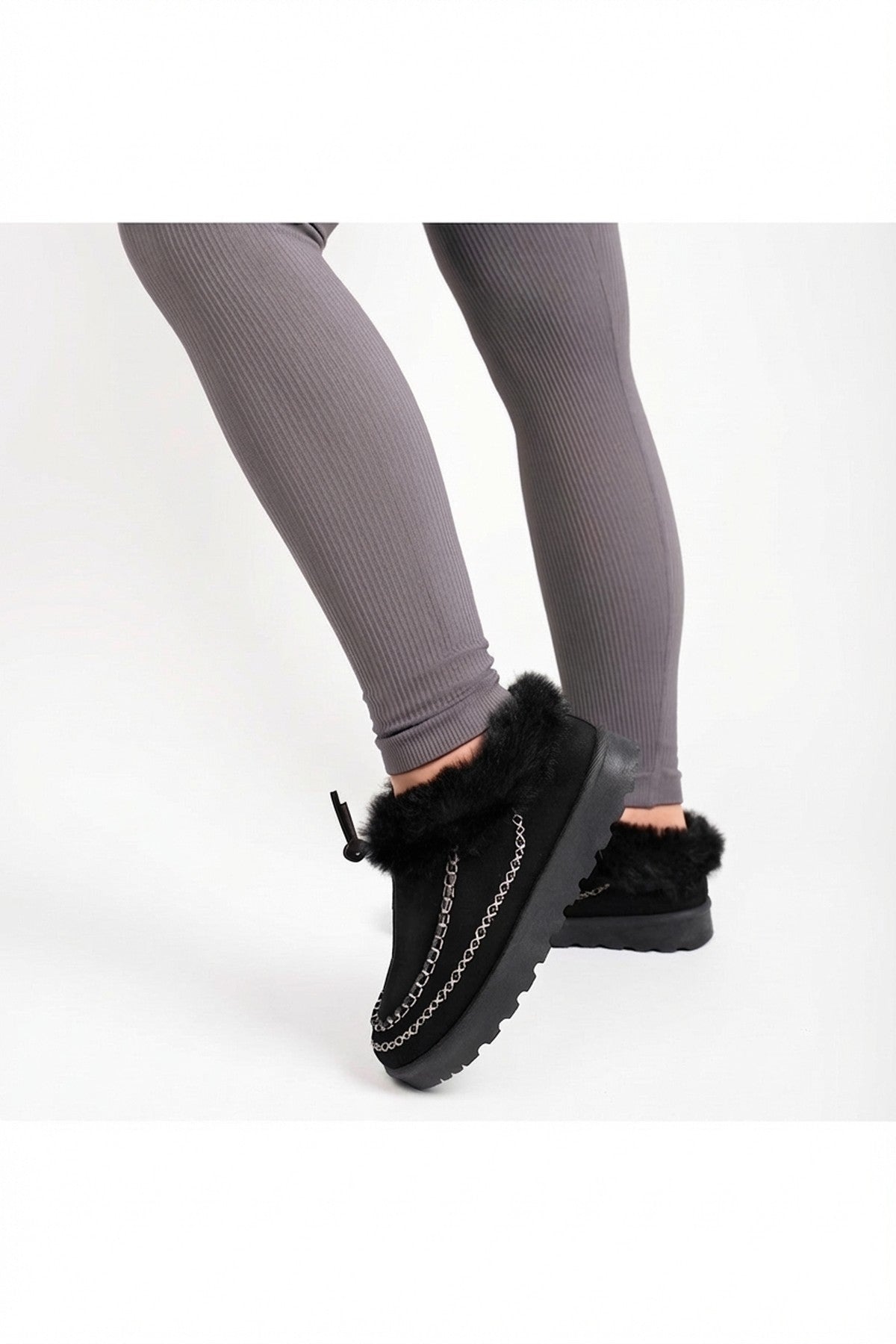 Kessia Faux Suede Fluffy Lined Ankle Boots With Stitch Detail - Black_wb