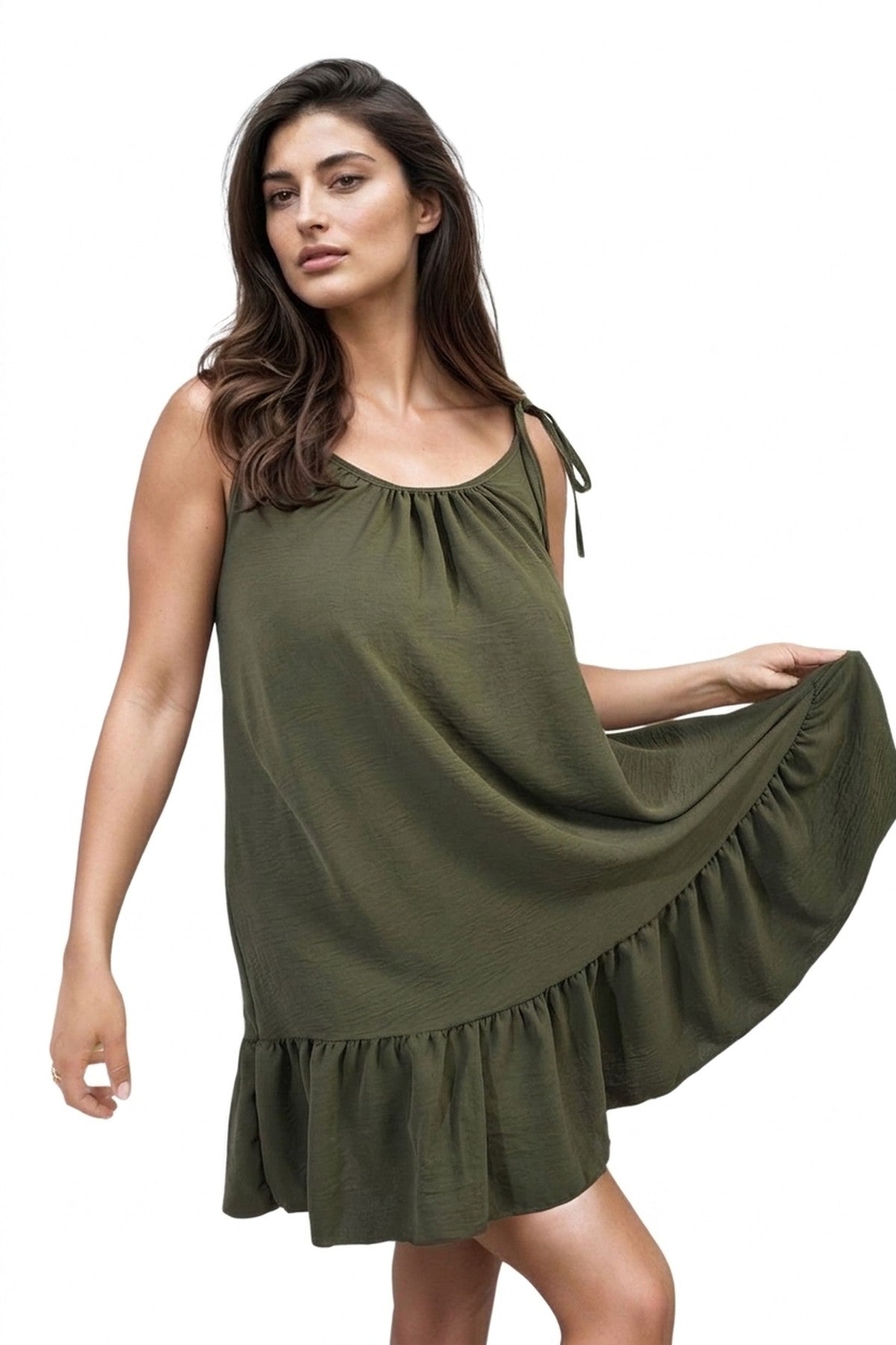 Faye Backless Tie-up Spaghetti Strap Frill Hem Mini Dress - Khaki_wb