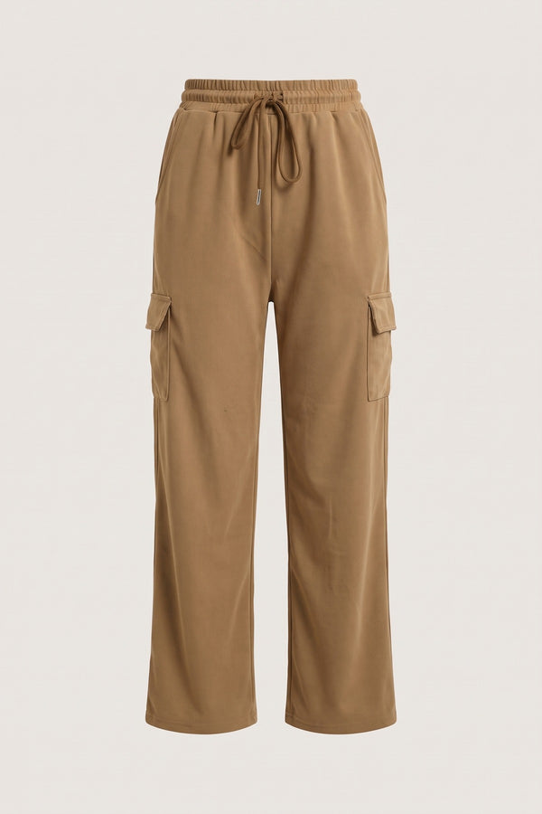 Faye Wide Leg Drawstring Waist Flap Pocket Trouser - Mocha