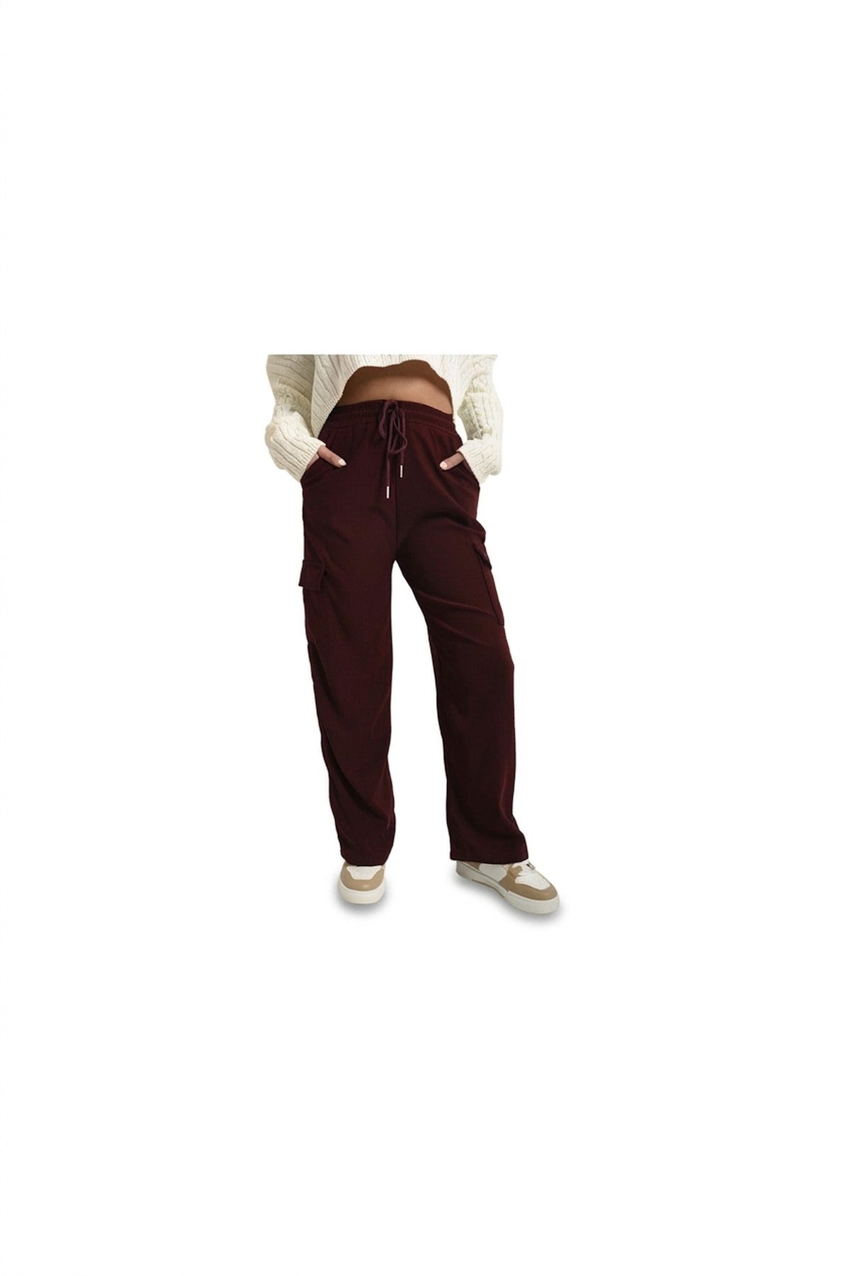 Faye Wide Leg Drawstring Waist Flap Pocket Trouser - Wine_wb
