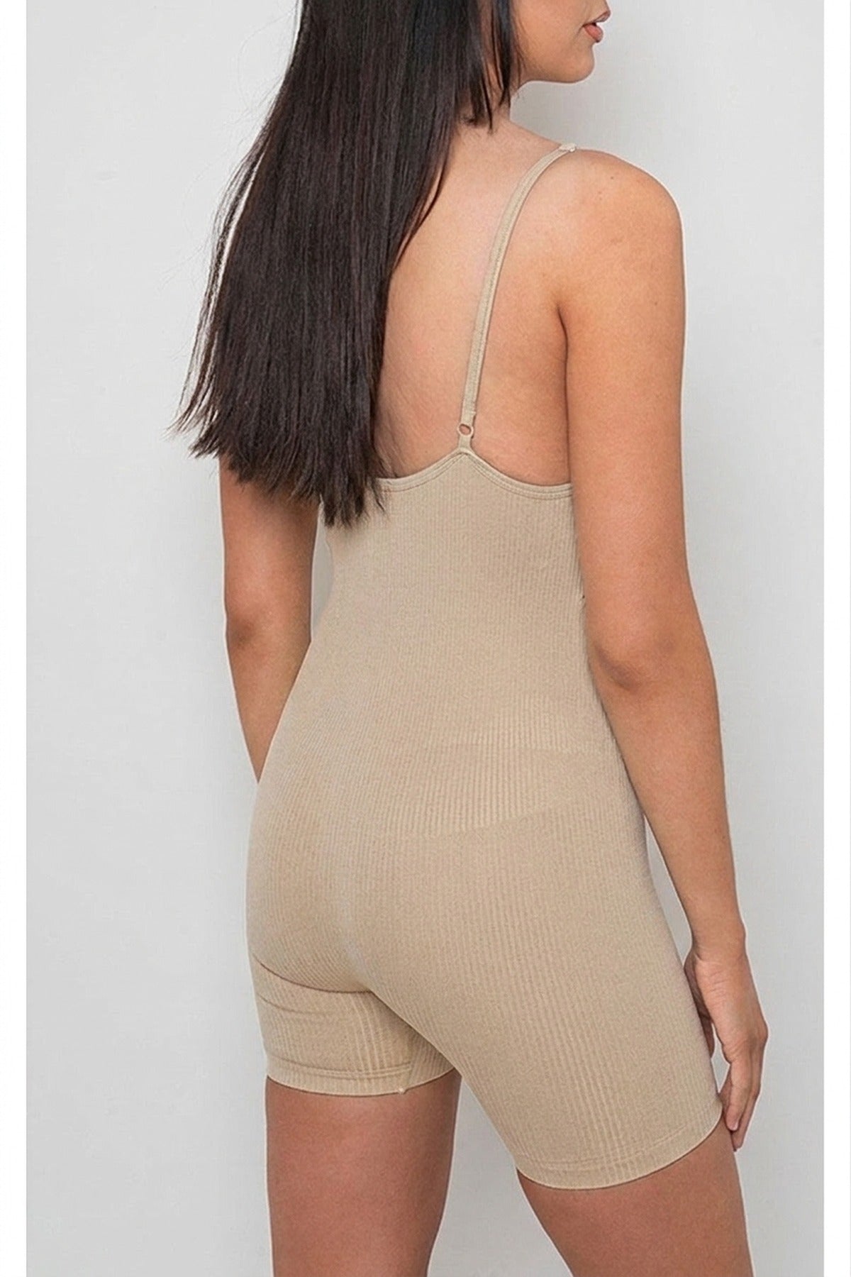 Fern Seamless Ribbed Sleeveless Strap Bodycon Jumpsuit - Beige