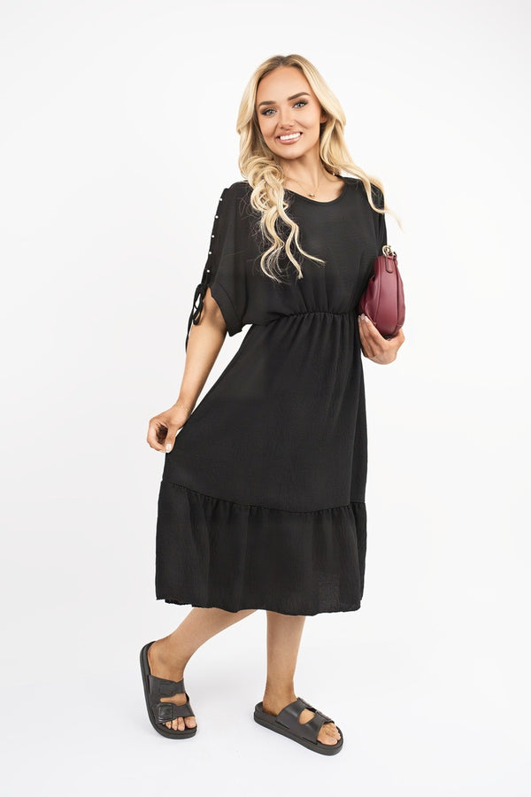 Fianna Round Neck Short Sleeve Midi Dress With Tie Sleeve Detail - Black