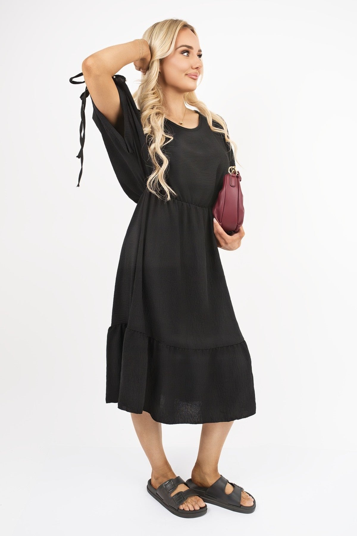 Fianna Round Neck Short Sleeve Midi Dress With Tie Sleeve Detail - Black