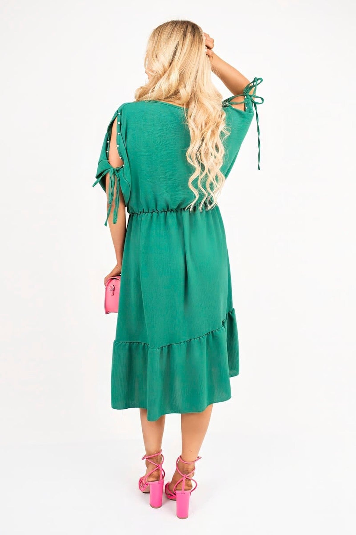 Fianna Round Neck Short Sleeve Midi Dress With Tie Sleeve Detail - Green