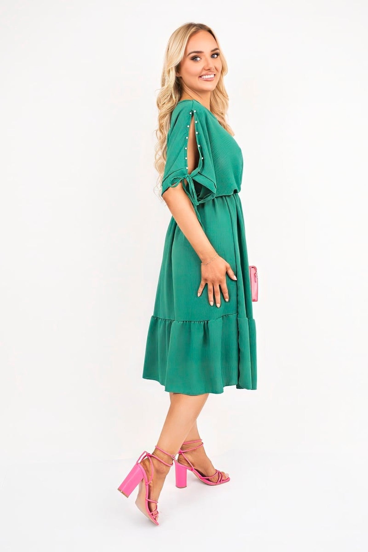 Fianna Round Neck Short Sleeve Midi Dress With Tie Sleeve Detail - Green