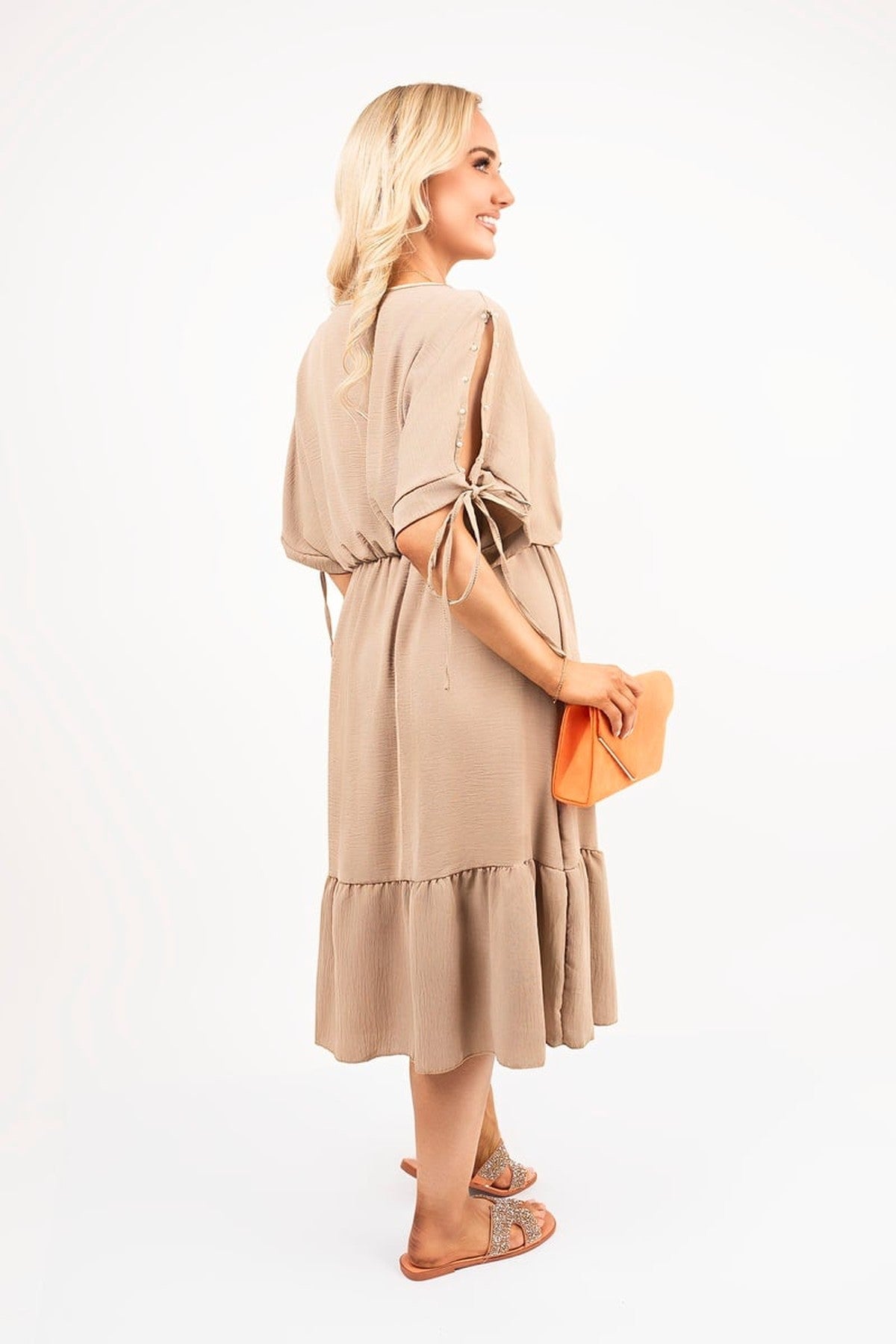 Fianna Round Neck Short Sleeve Midi Dress With Tie Sleeve Detail - Mocha