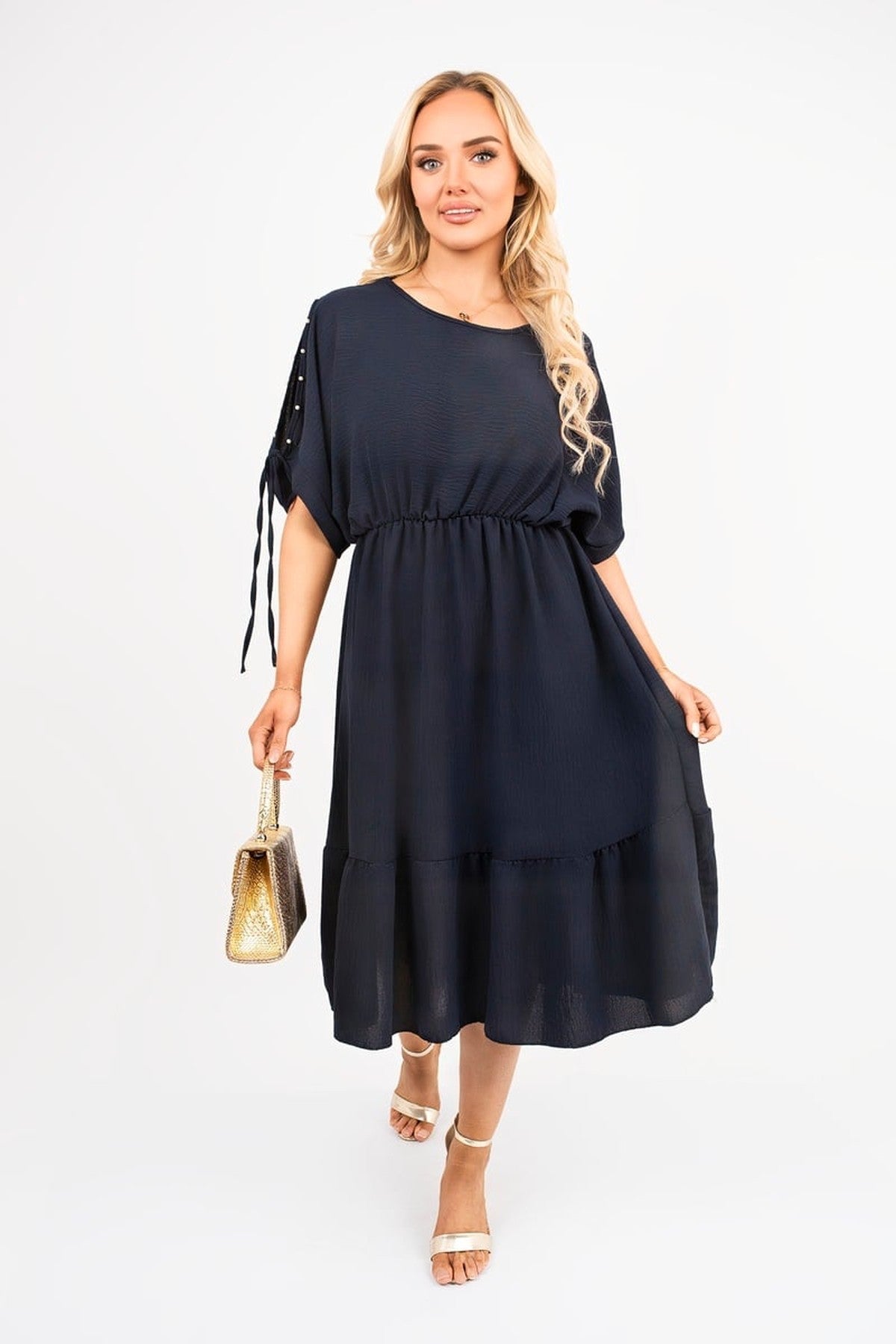 Fianna Round Neck Short Sleeve Midi Dress With Tie Sleeve Detail - Navy