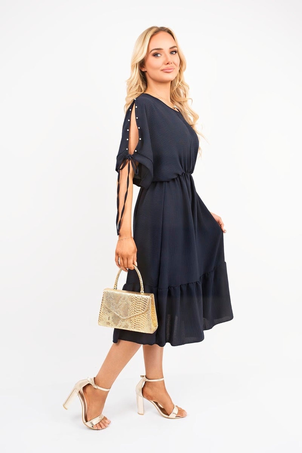 Fianna Round Neck Short Sleeve Midi Dress With Tie Sleeve Detail - Navy