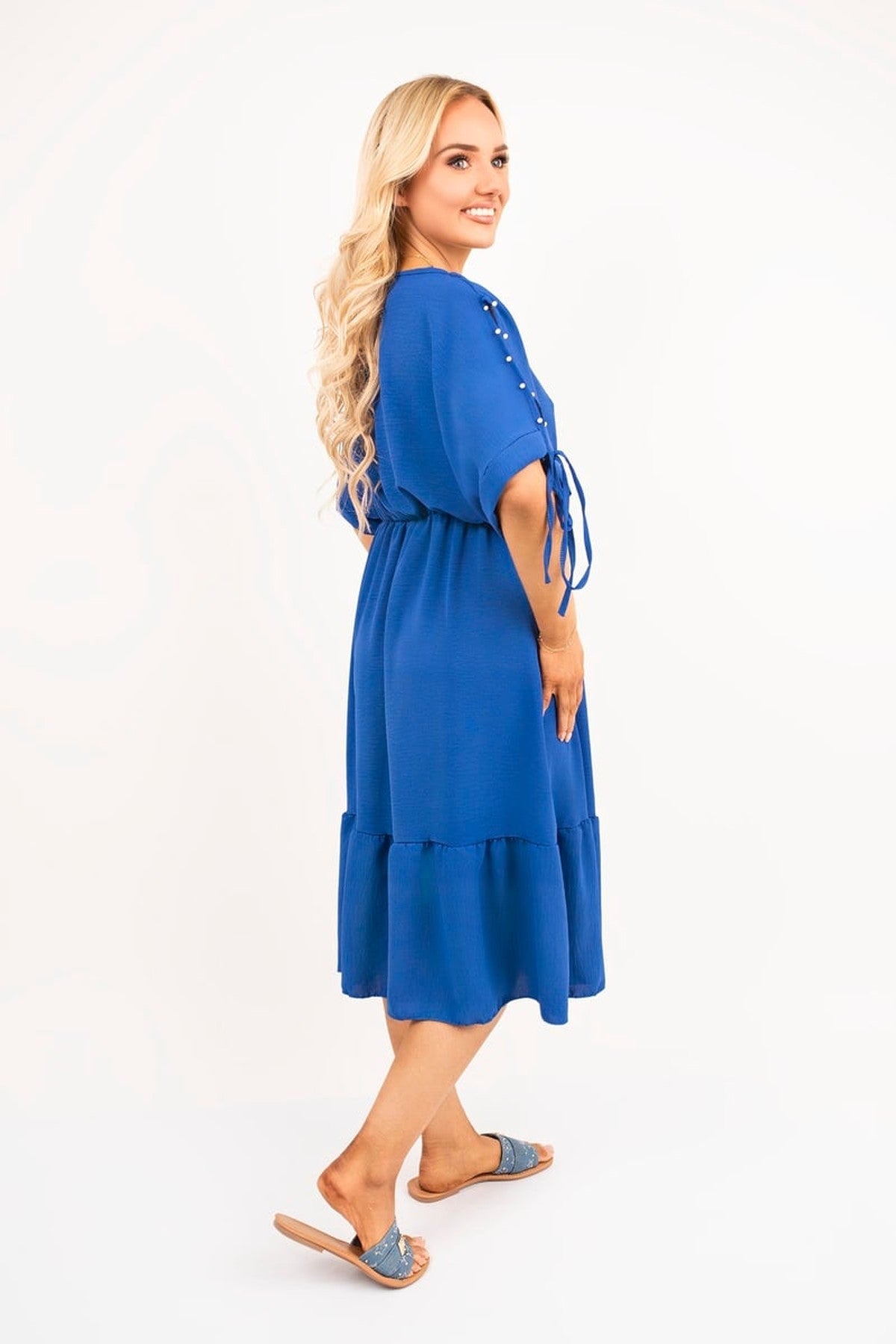 Fianna Round Neck Short Sleeve Midi Dress With Tie Sleeve Detail - Royal