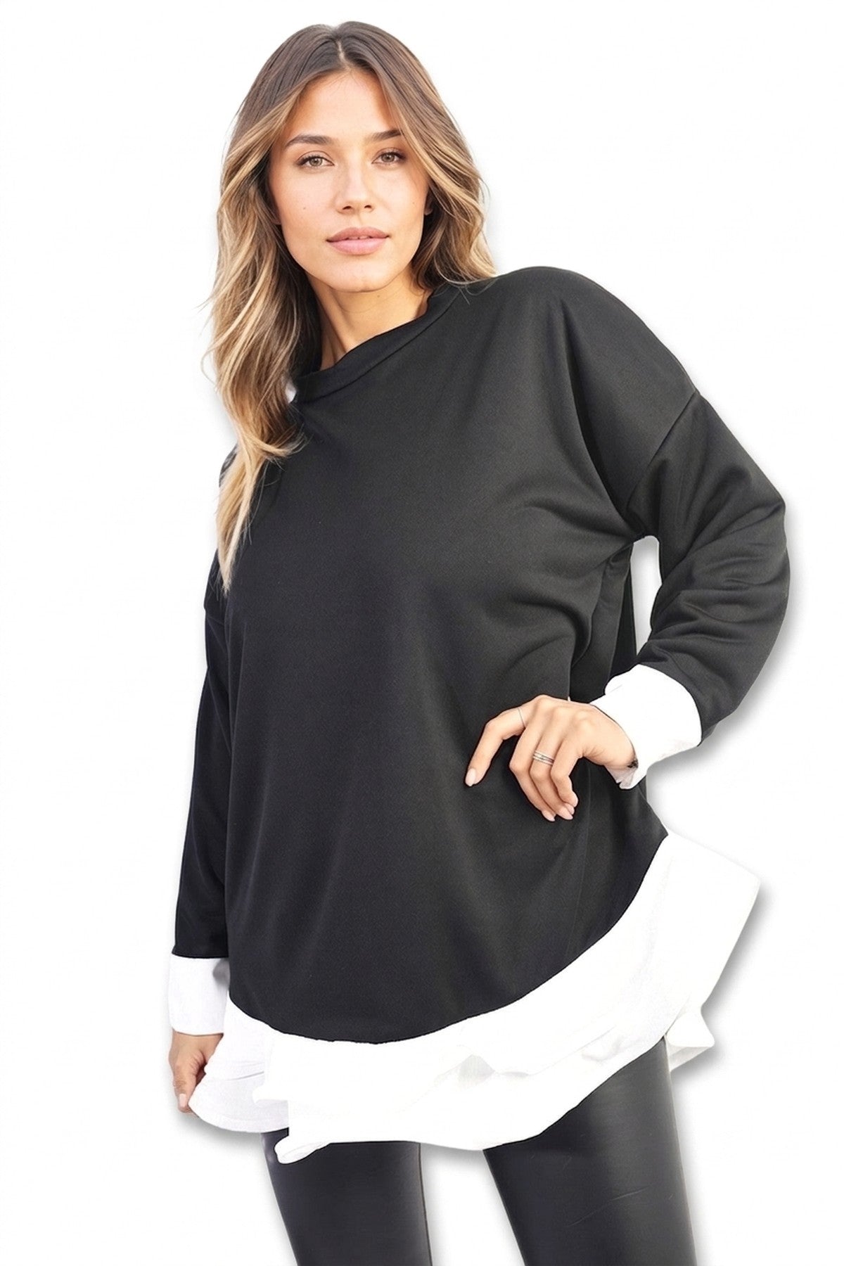 Fiona Contrast Ruffled Hem Top - Black_wb