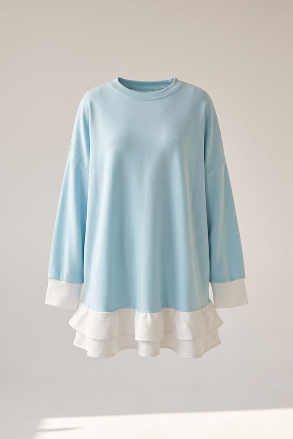 Fiona Contrast Ruffled Hem Top - Sky Blue
