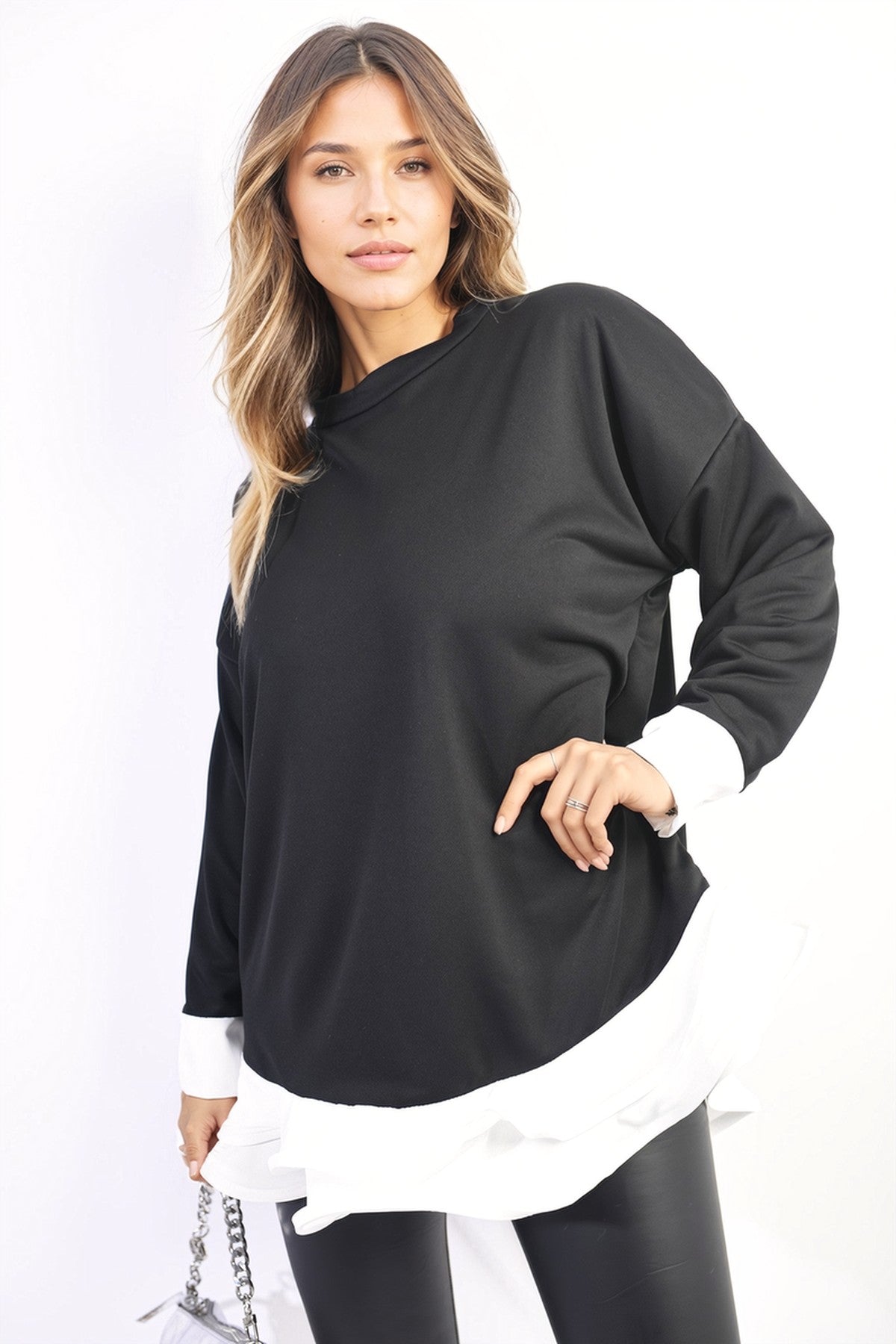 Fiona Contrast Ruffled Hem Top - Black