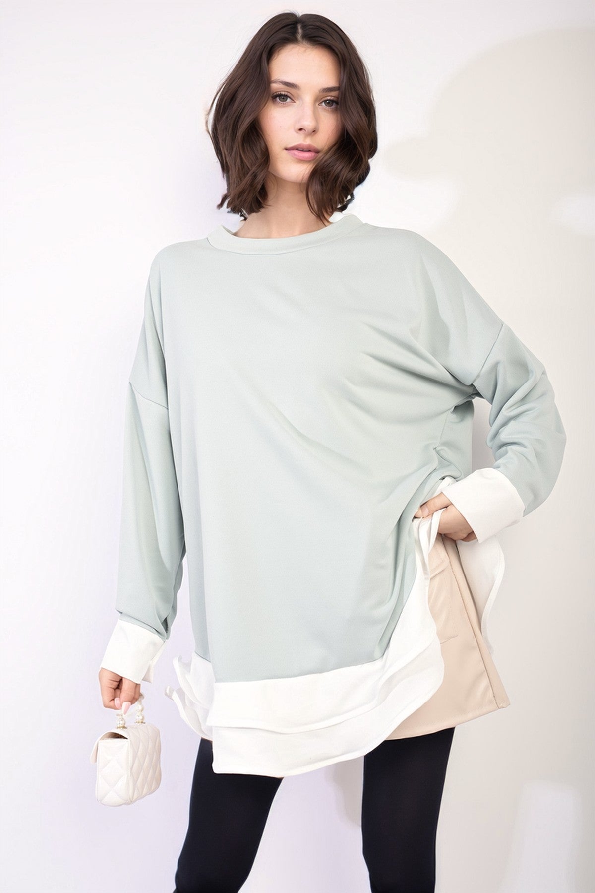 Fiona Contrast Ruffled Hem Top - Mint