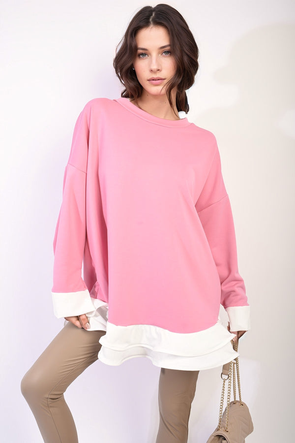 Fiona Contrast Ruffled Hem Top - Pink