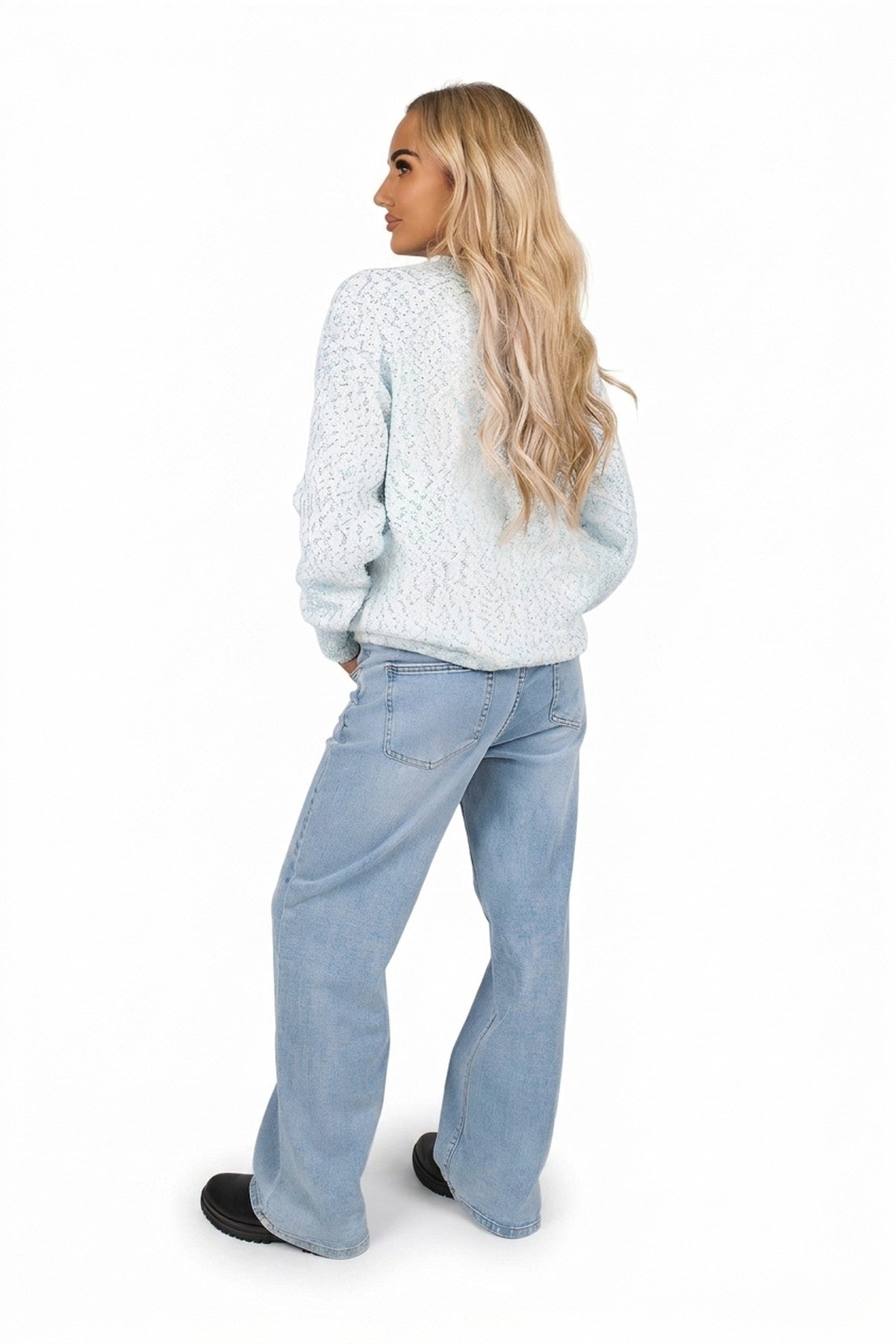 Zenya Fluffy Knit Oversized Jumper With Amour Slogan Detail - Blue