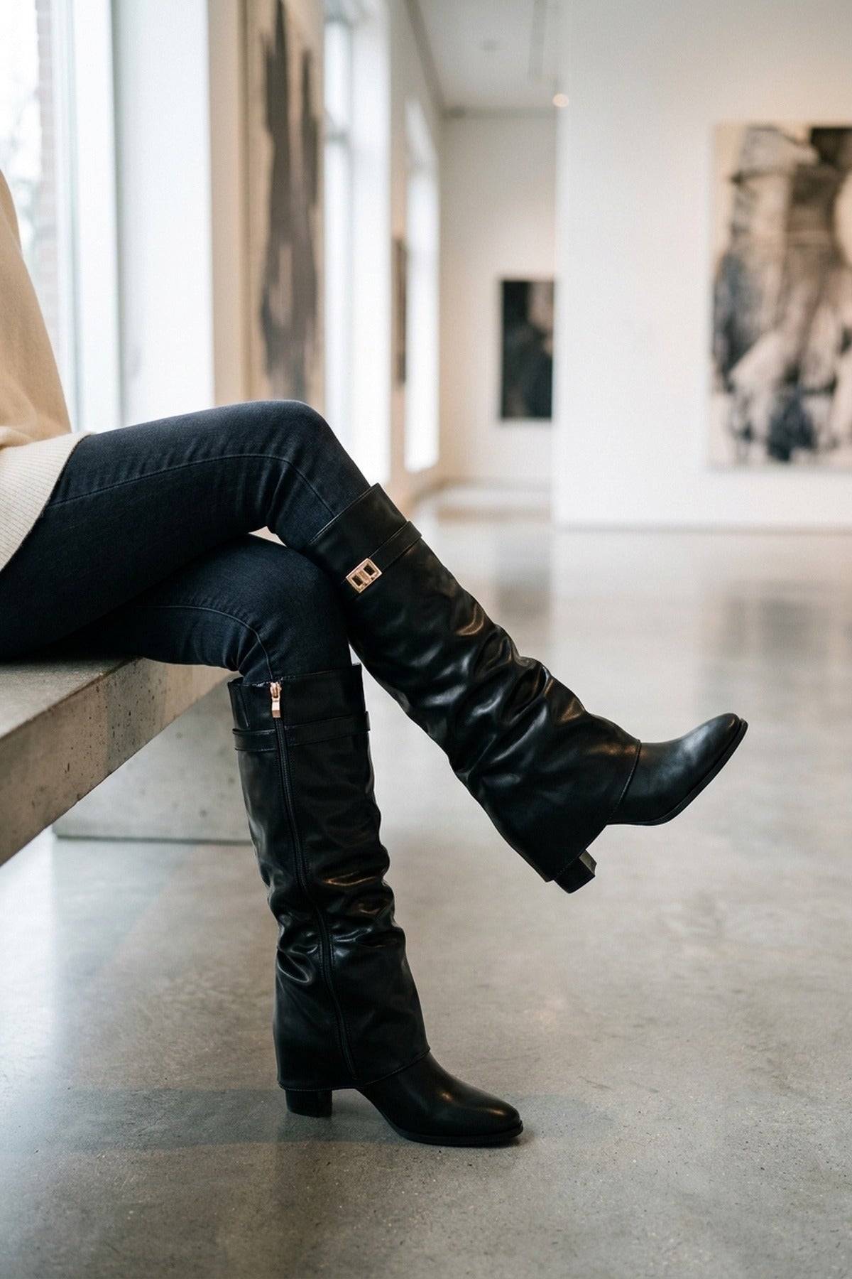 Cordelia Fold Over Block Heel Knee High Boots - Black Pu