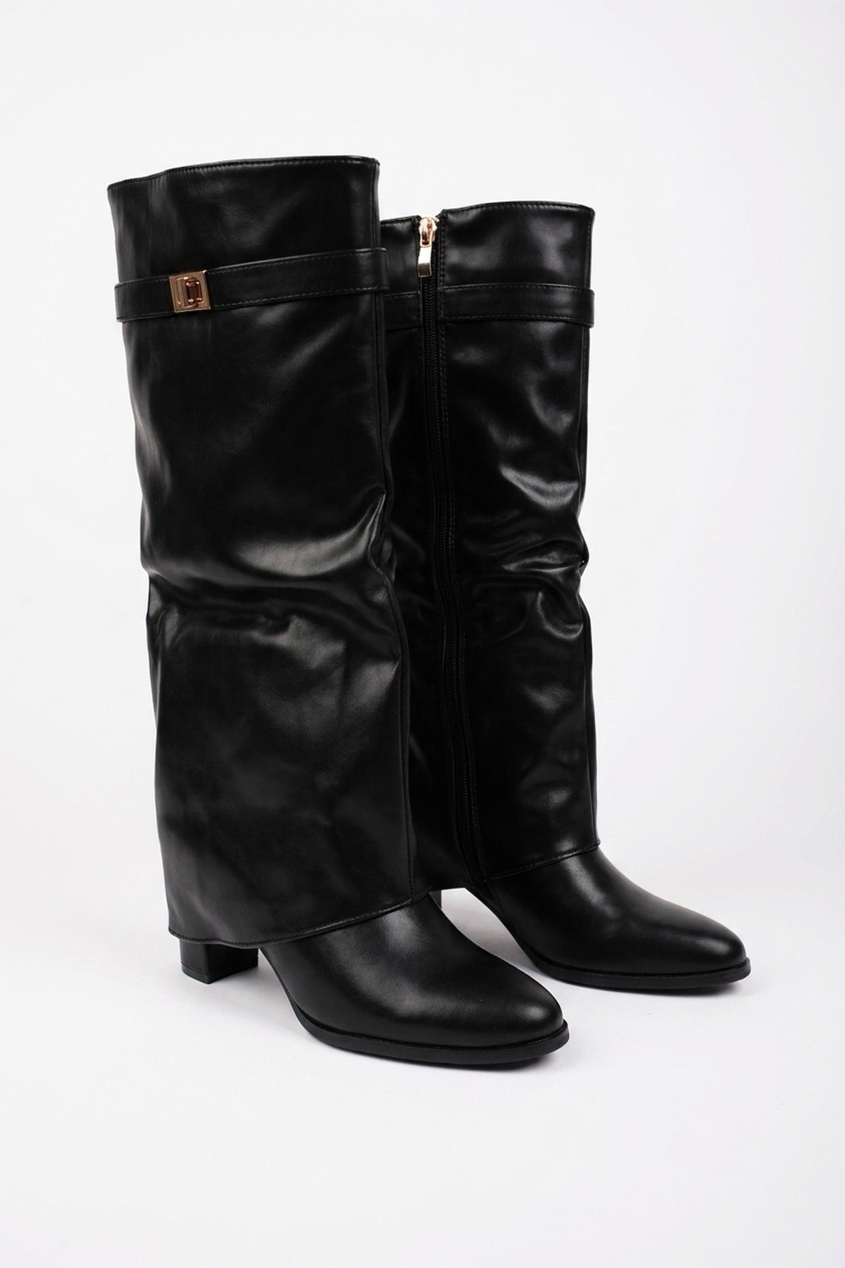Cordelia Fold Over Block Heel Knee High Boots - Black Pu