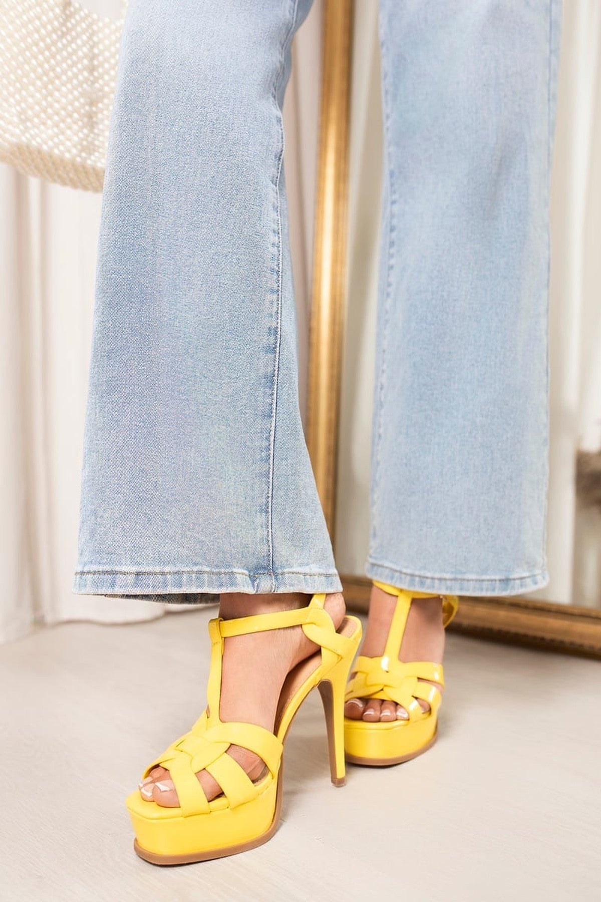 Francesca Platform T Bar Sandal High Heels - Yellow