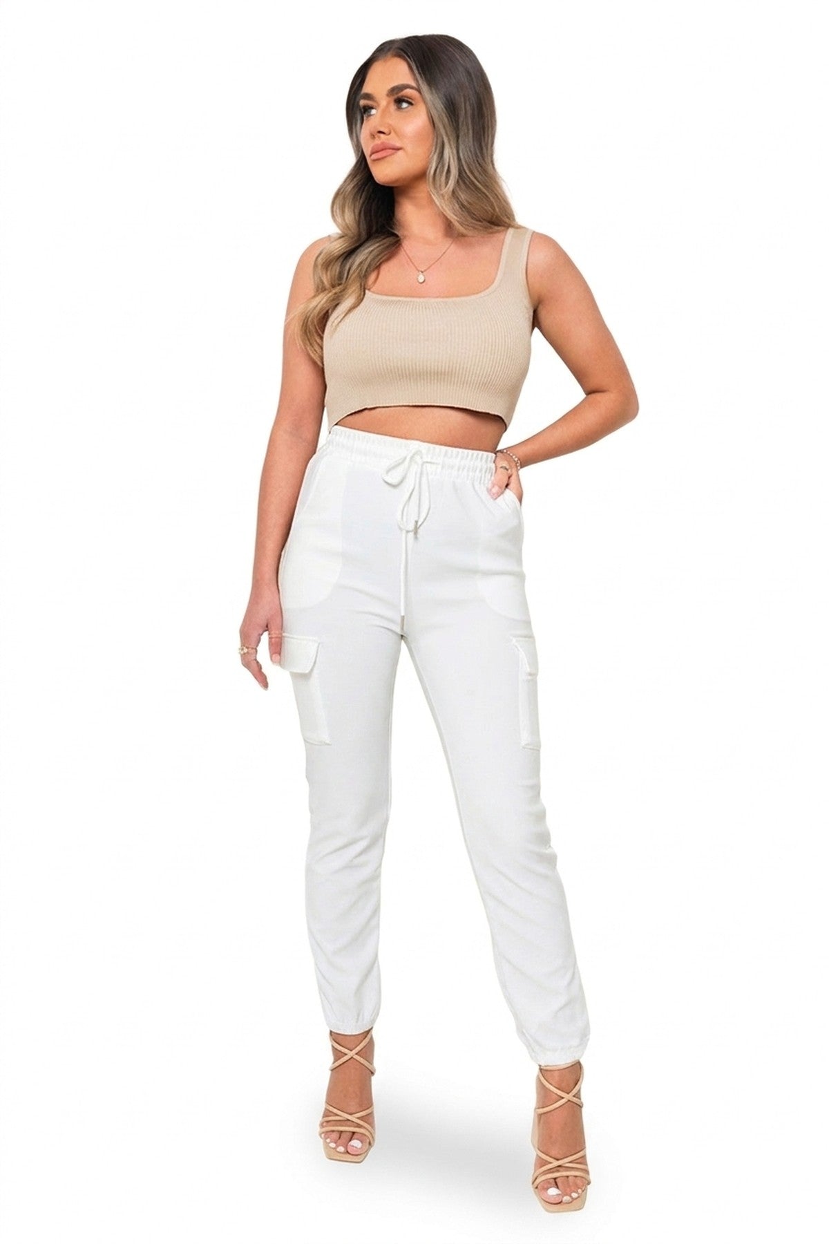 Francesca Pocket Side Drawstring Waist Cargo Trouser - WHITE_wb