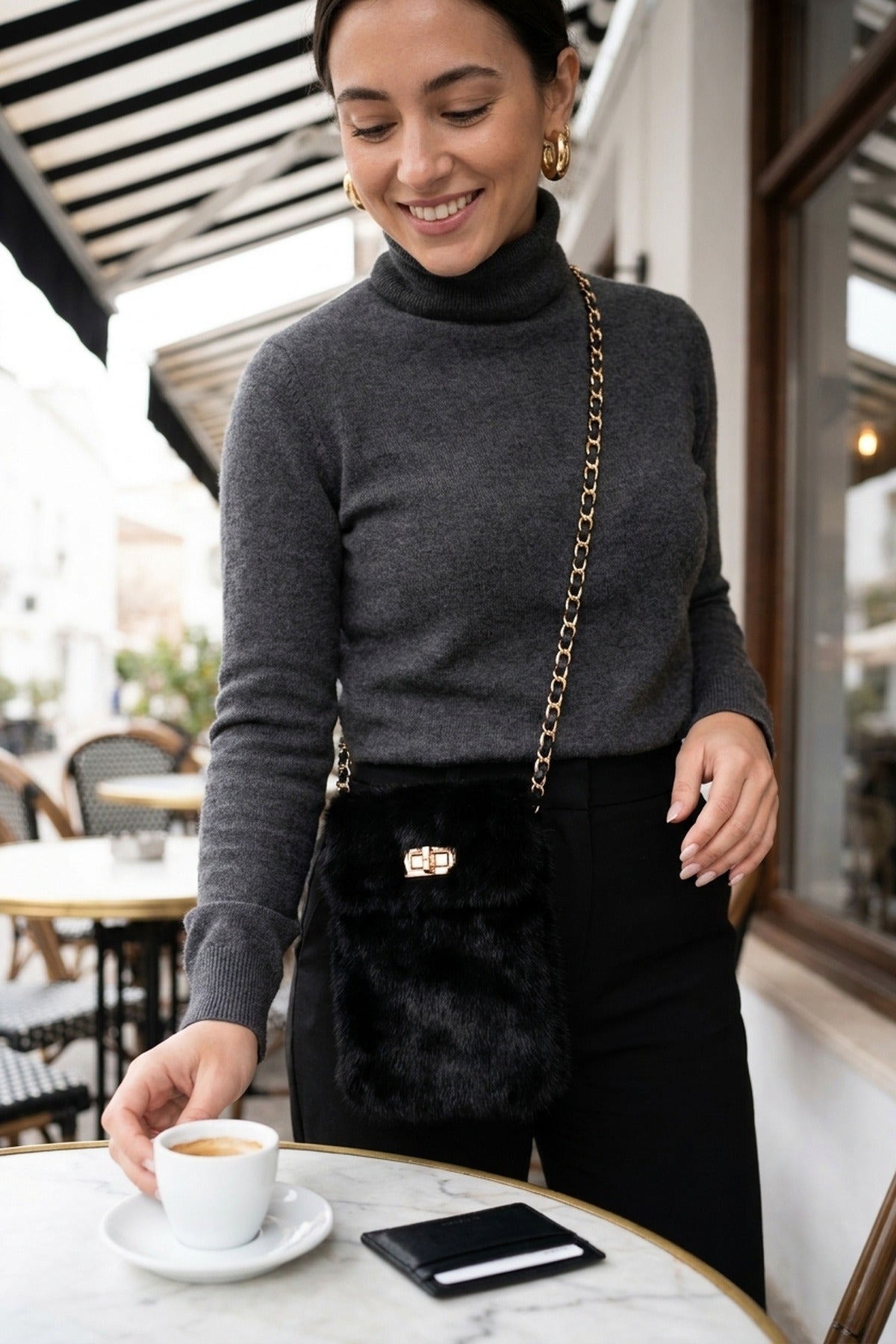 Rocio Faux Fur Mini Phone Bag - Black