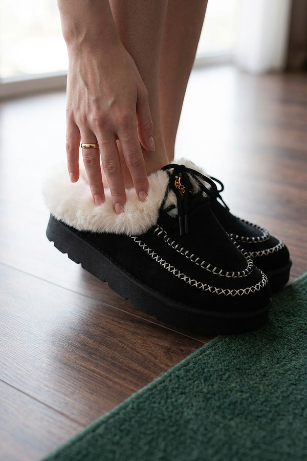 Aine Faux Suede Faux Fur Mules - Black