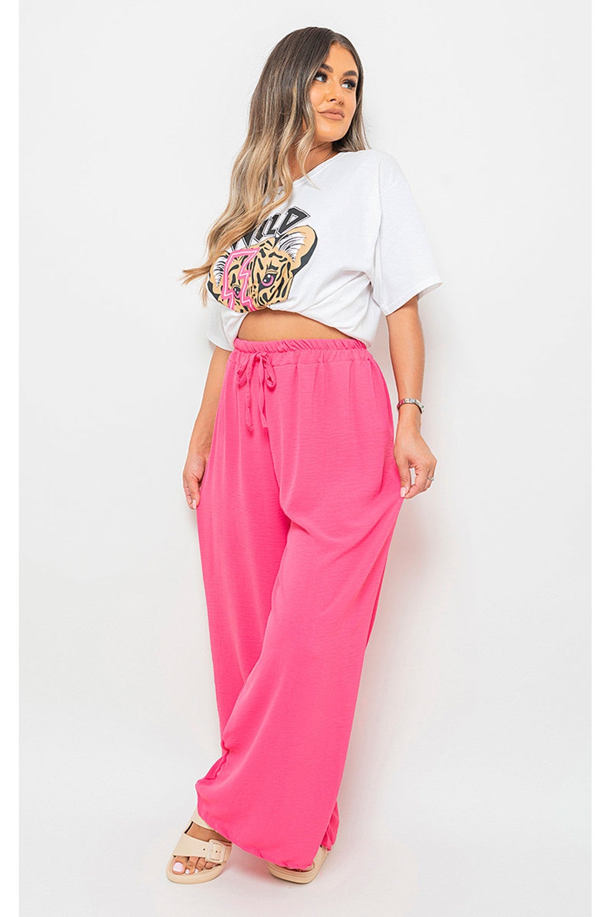 Mollie Drawstring Gathered Waist Wide Leg Trouser - Fuschia