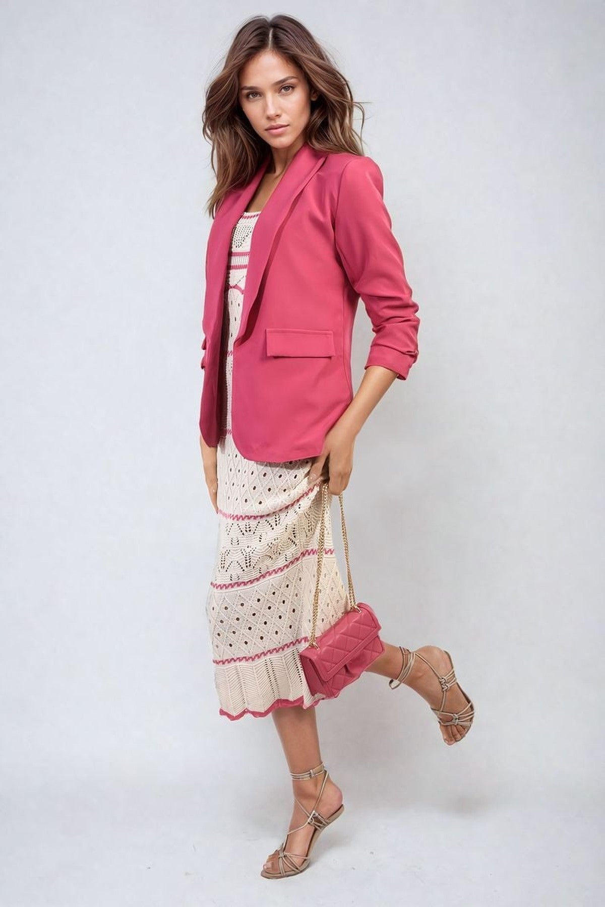 Valerie Ruched Sleeve Open Front Blazer Jacket With Front Pockets - Fuschia