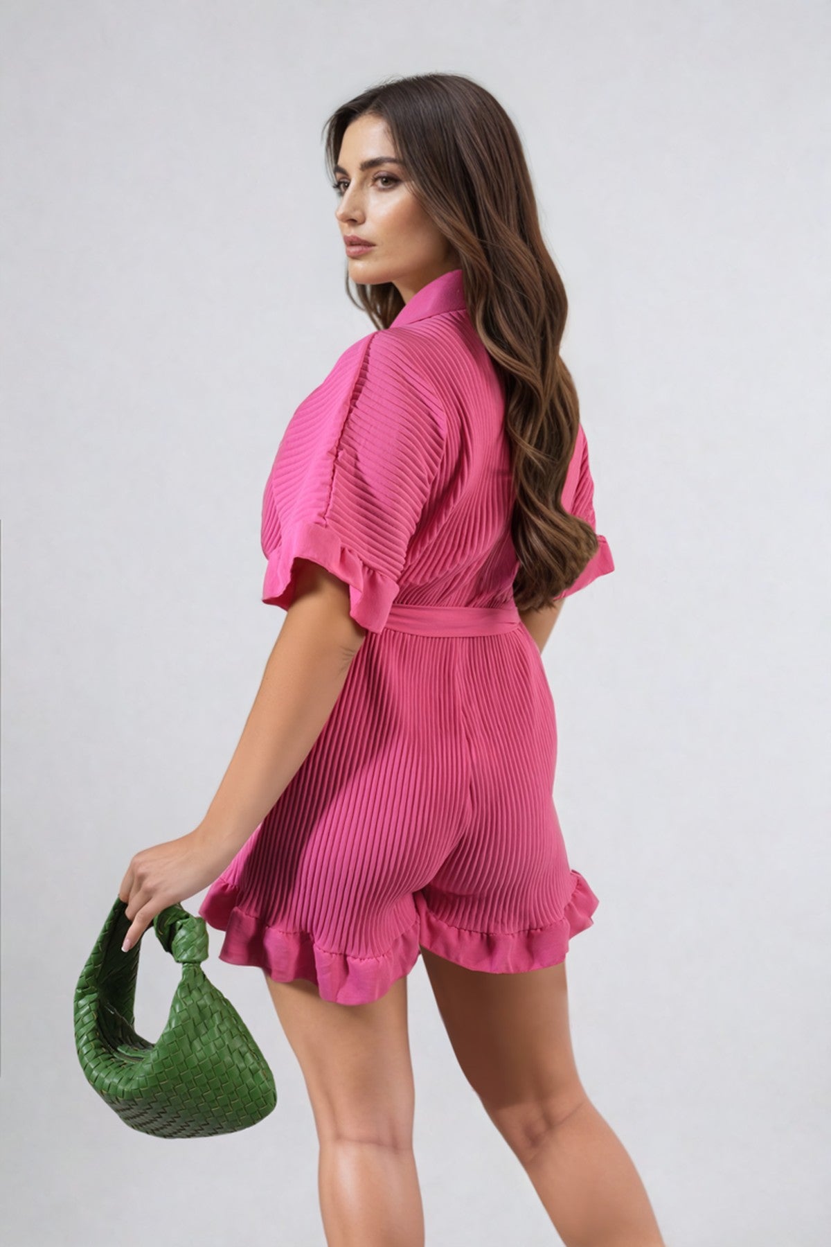 Marissa Pleated Frill Ruffle Tie Waist Playsuit - Fuschia