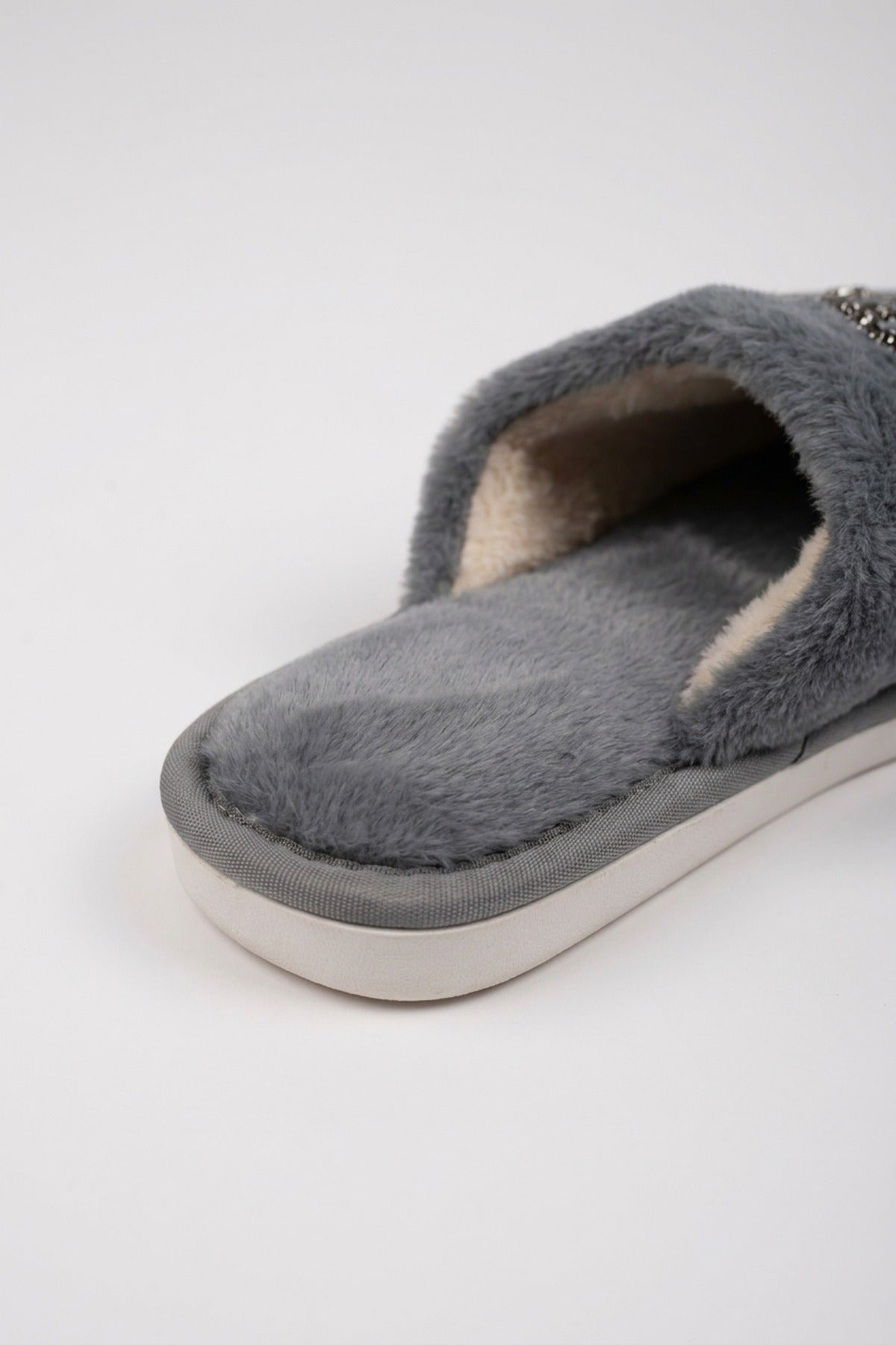 Silke Faux Fur Embellished Slippers - Grey