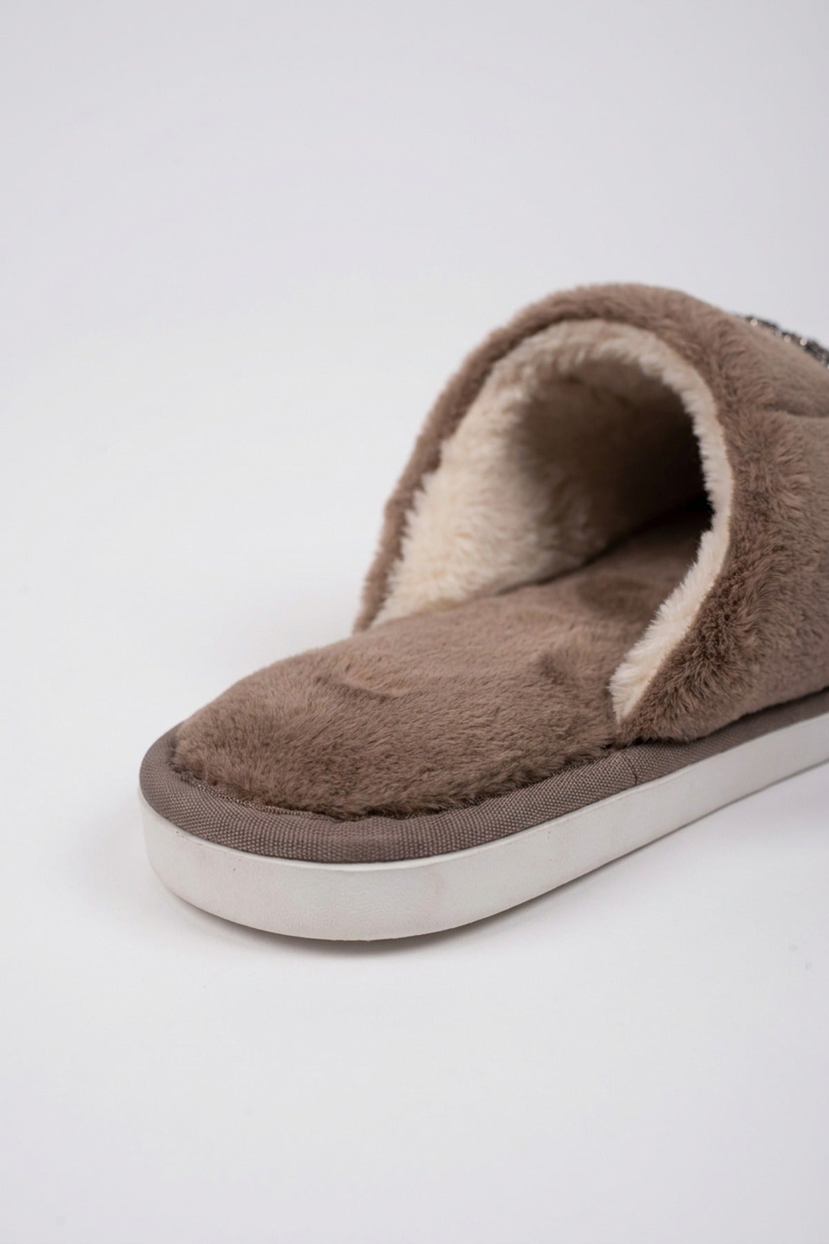 Silke Faux Fur Embellished Slippers - Khaki