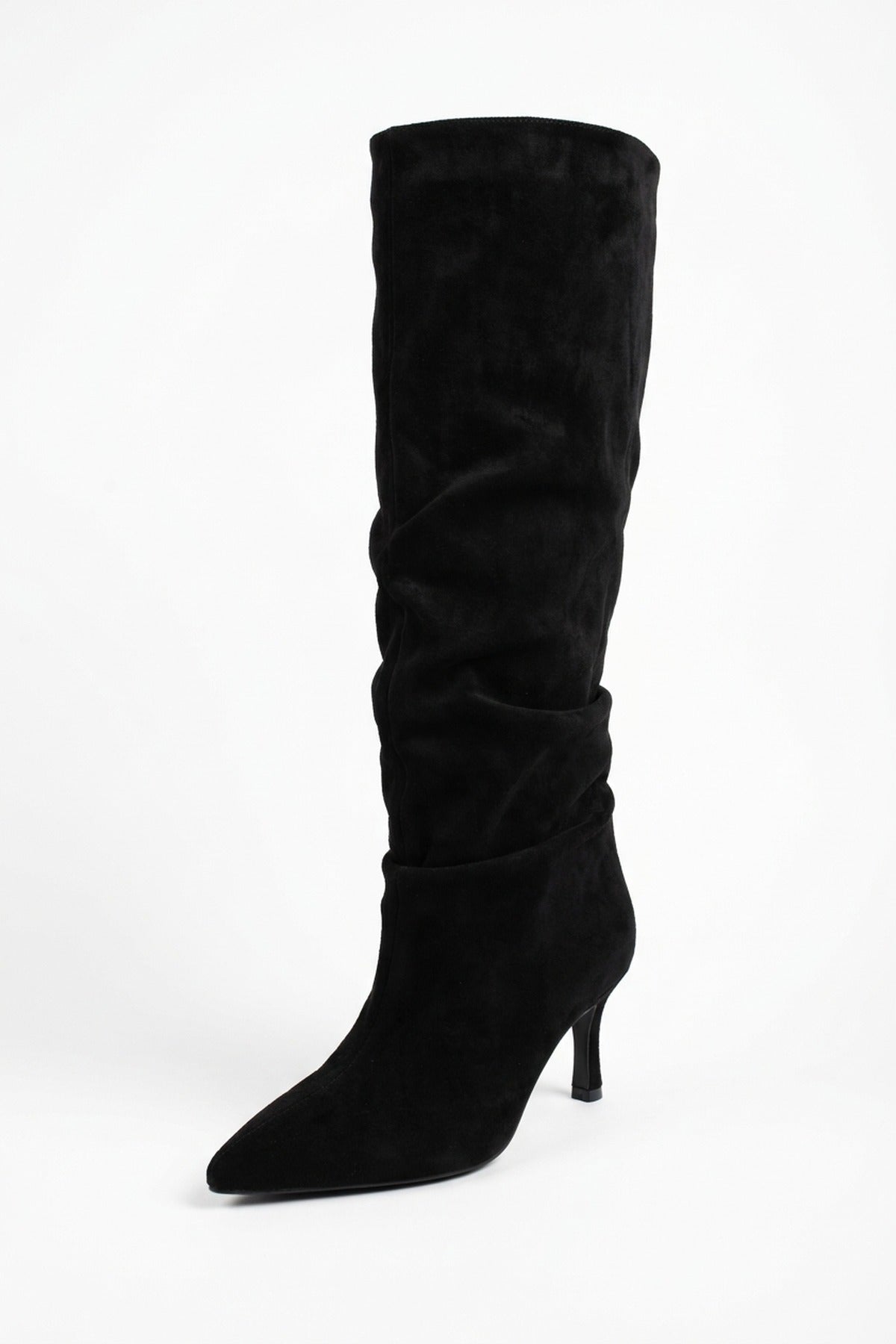 Anais Faux Suede Slouch Knee High Stiletto Boots - Black