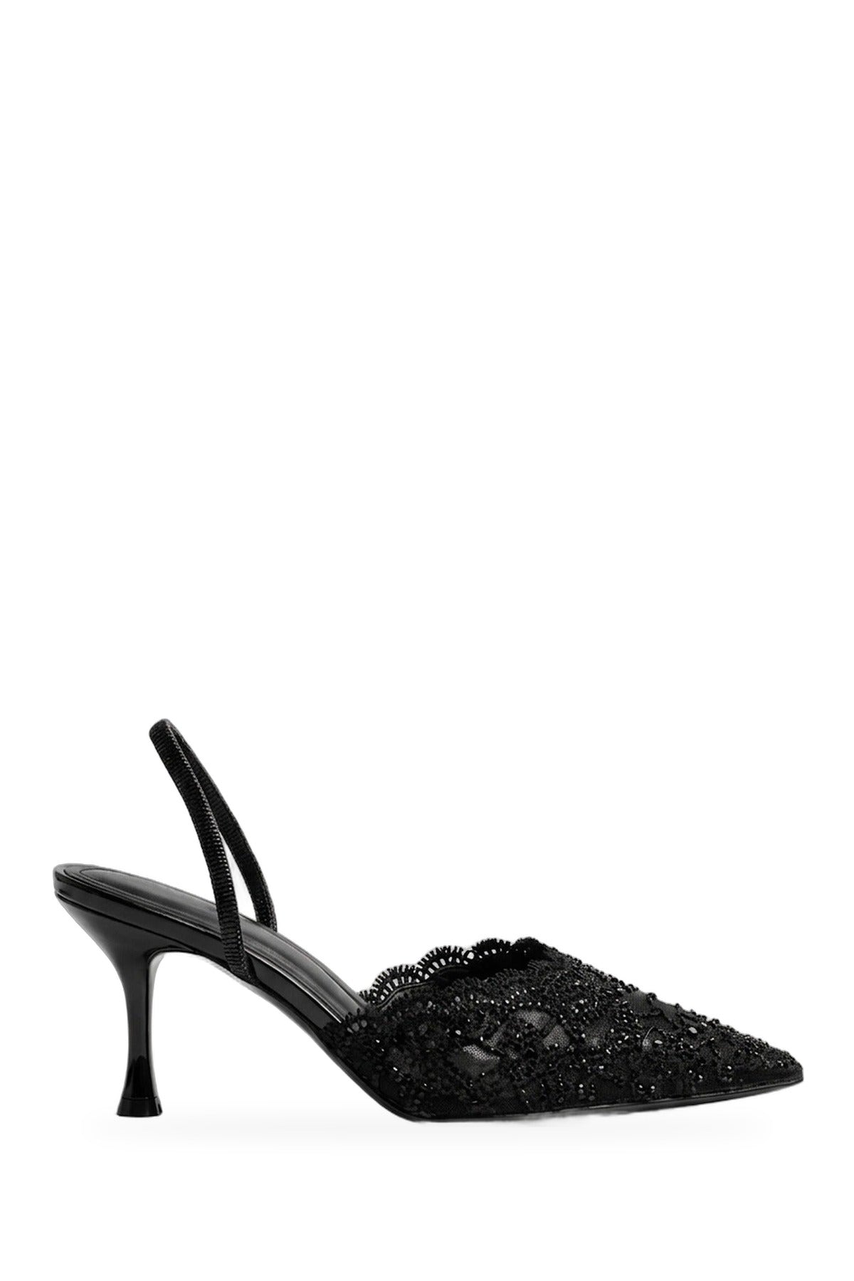 Genevieve Embellished Lace Mesh Pointed Heels - Black