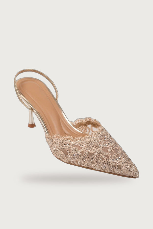 Genevieve Embellished Lace Mesh Pointed Heels - Gold