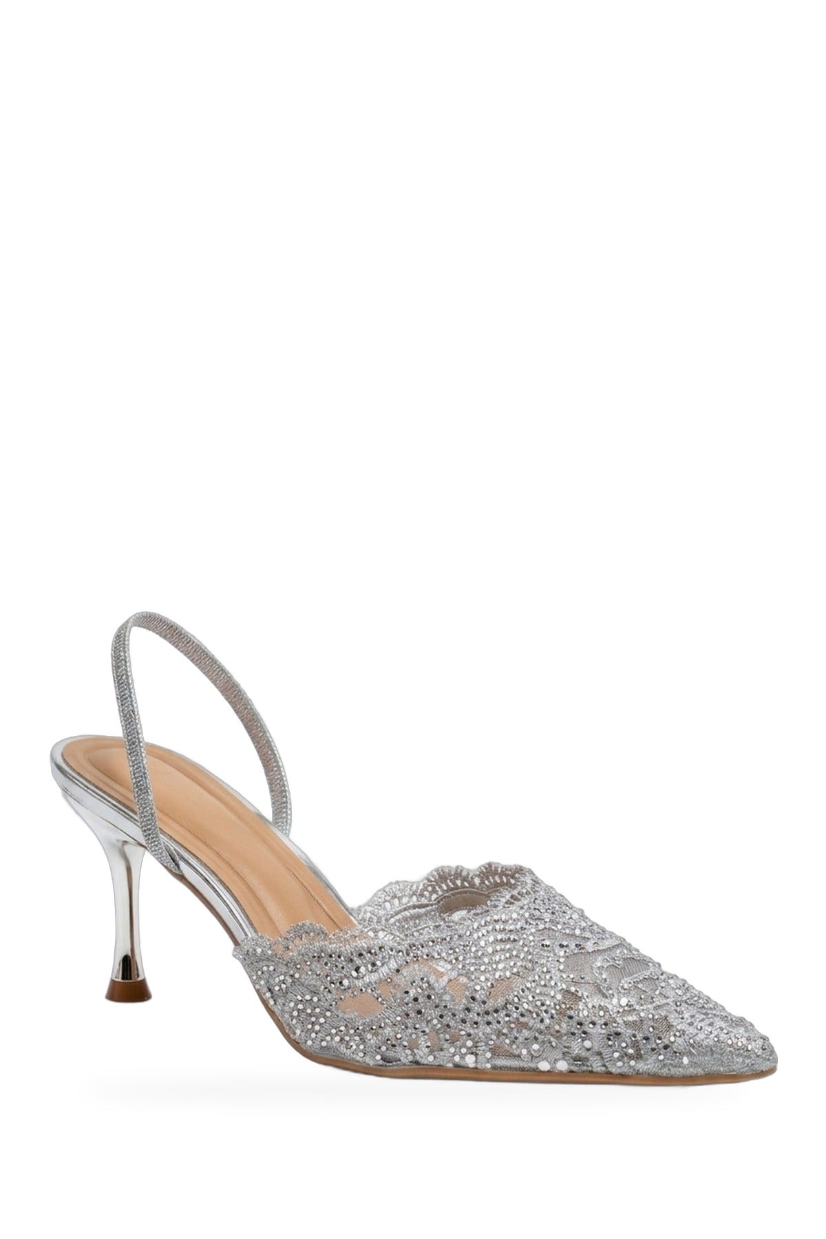 Genevieve Embellished Lace Mesh Pointed Heels - Silver